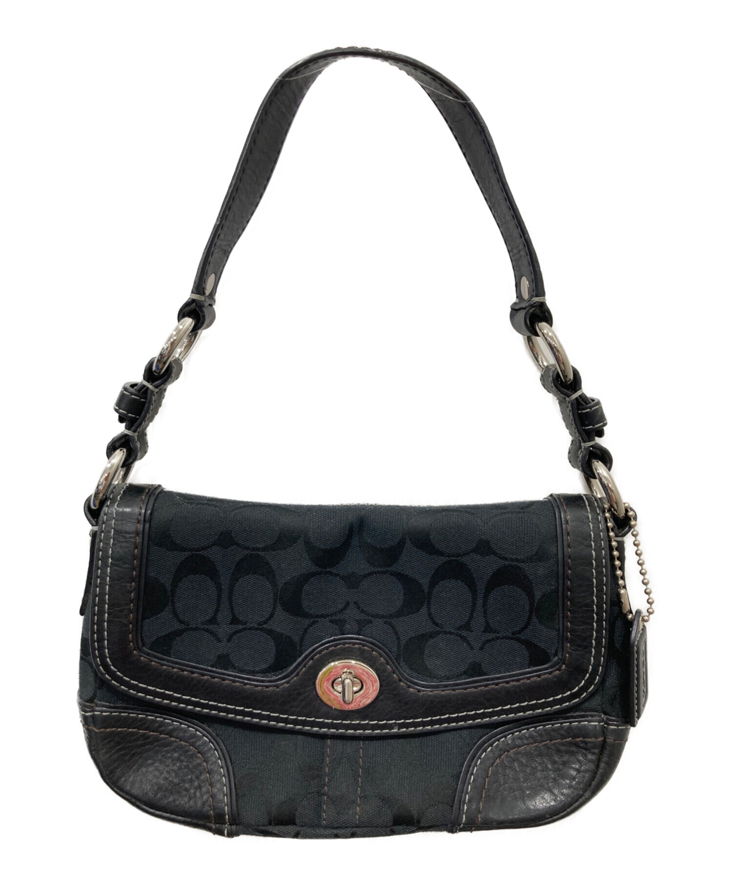 コーチ ハンプトン ハンドバッグ シグネチャー ターンロック ブラック 中古・古着通販】COACH (コーチ) ターンロックハンドバッグ ブラック