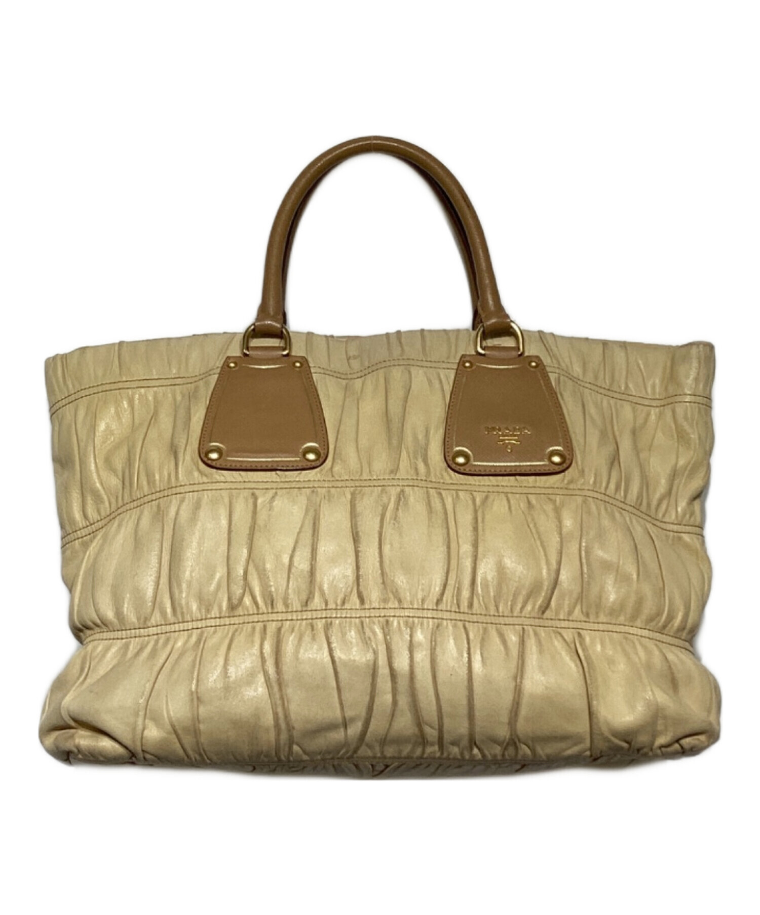 中古・古着通販】PRADA (プラダ) レザーギャザートートバッグ ベージュ 