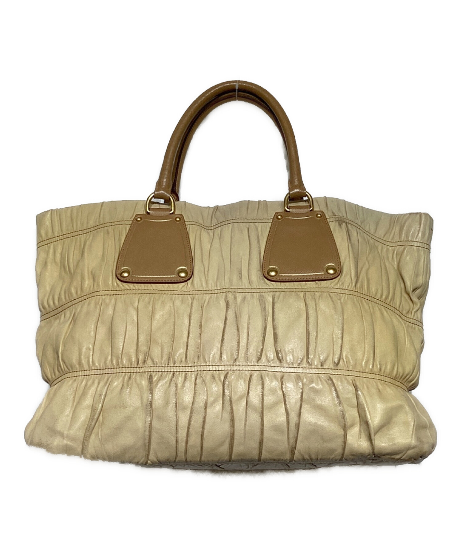 中古・古着通販】PRADA (プラダ) レザーギャザートートバッグ ベージュ 