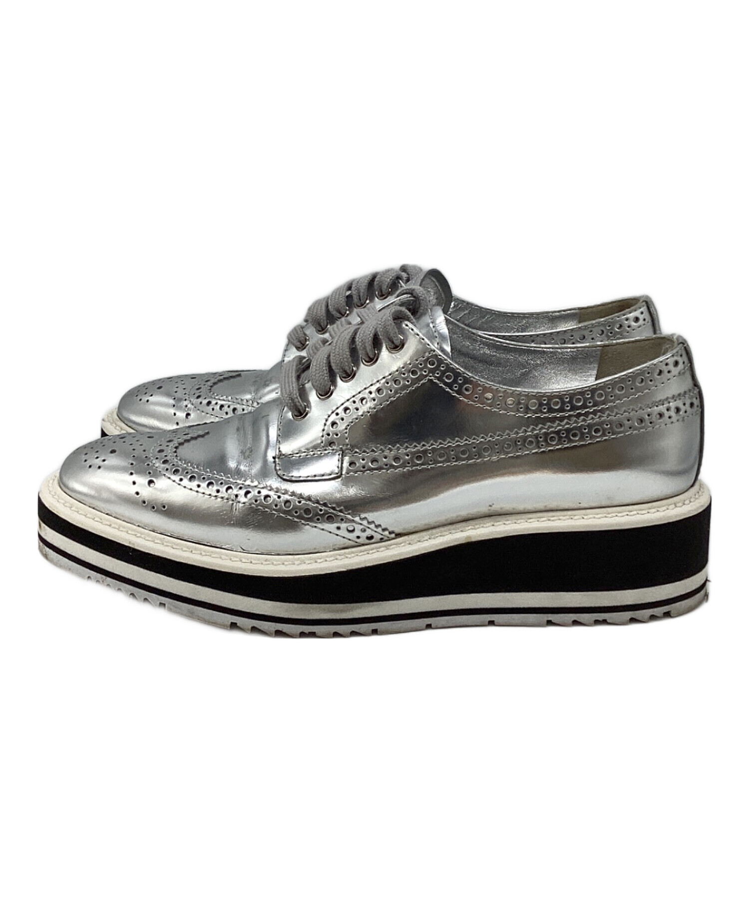 PRADA シルバー バレエシューズ 36 中古・古着通販】PRADA (プラダ) 厚底ウィングチップシューズ シルバー