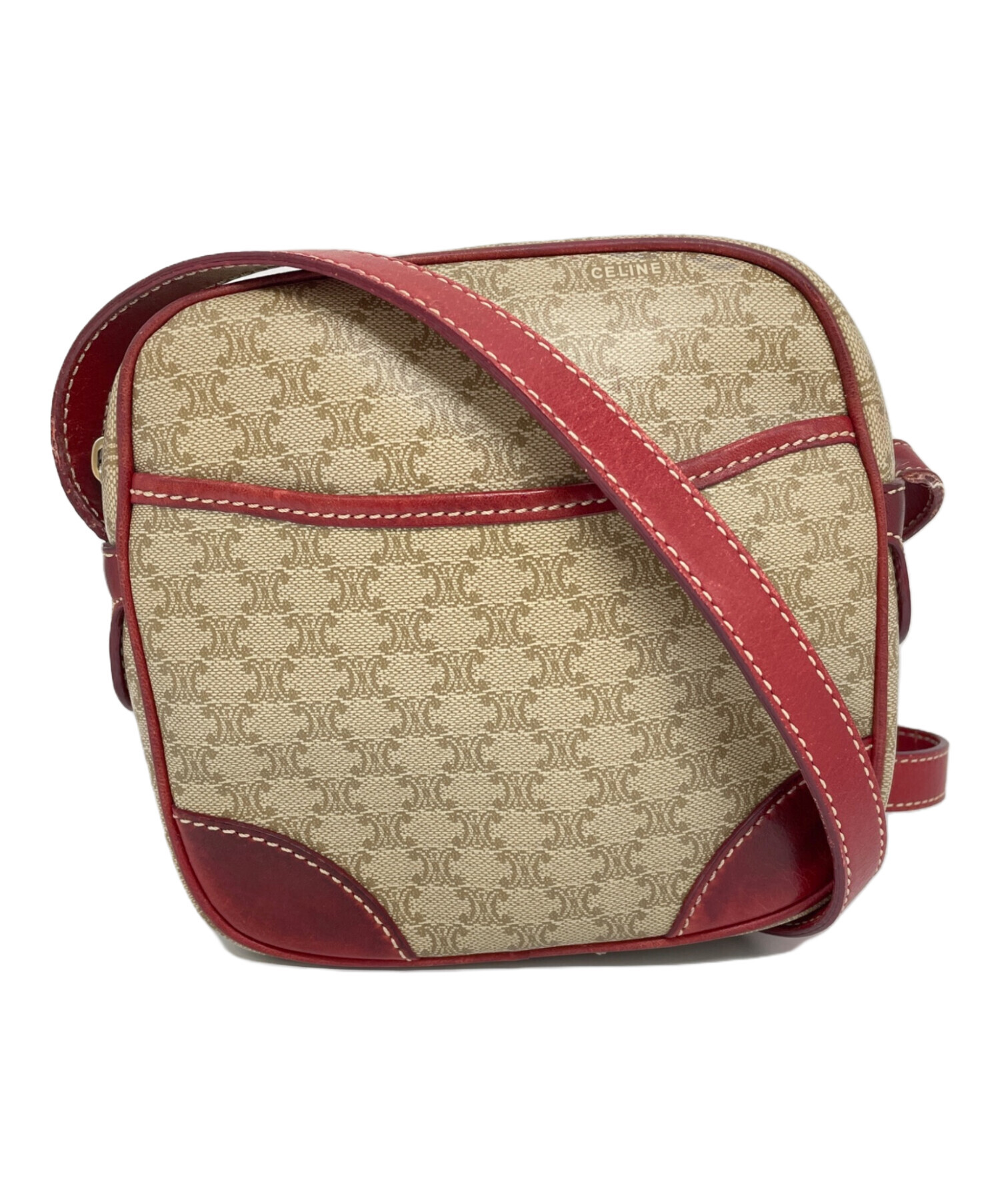 【CELINE】ショルダーバッグ　Cマカダム柄　キャンバス　レザー　レッド 中古・古着通販】CELINE (セリーヌ) マカダムミニショルダーバッグ