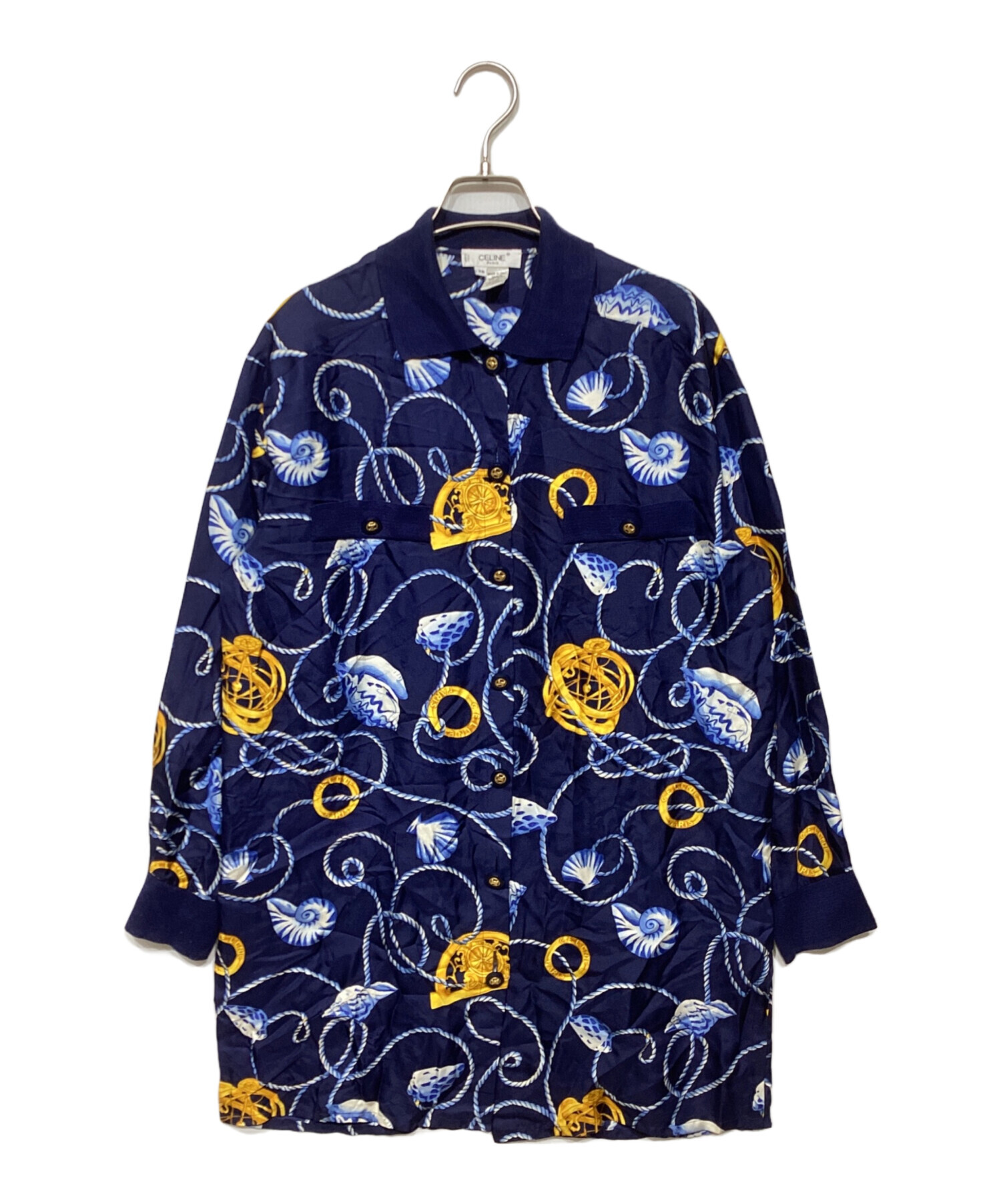 中古・古着通販】CELINE (セリーヌ) 総柄シルクシャツ ネイビー サイズ