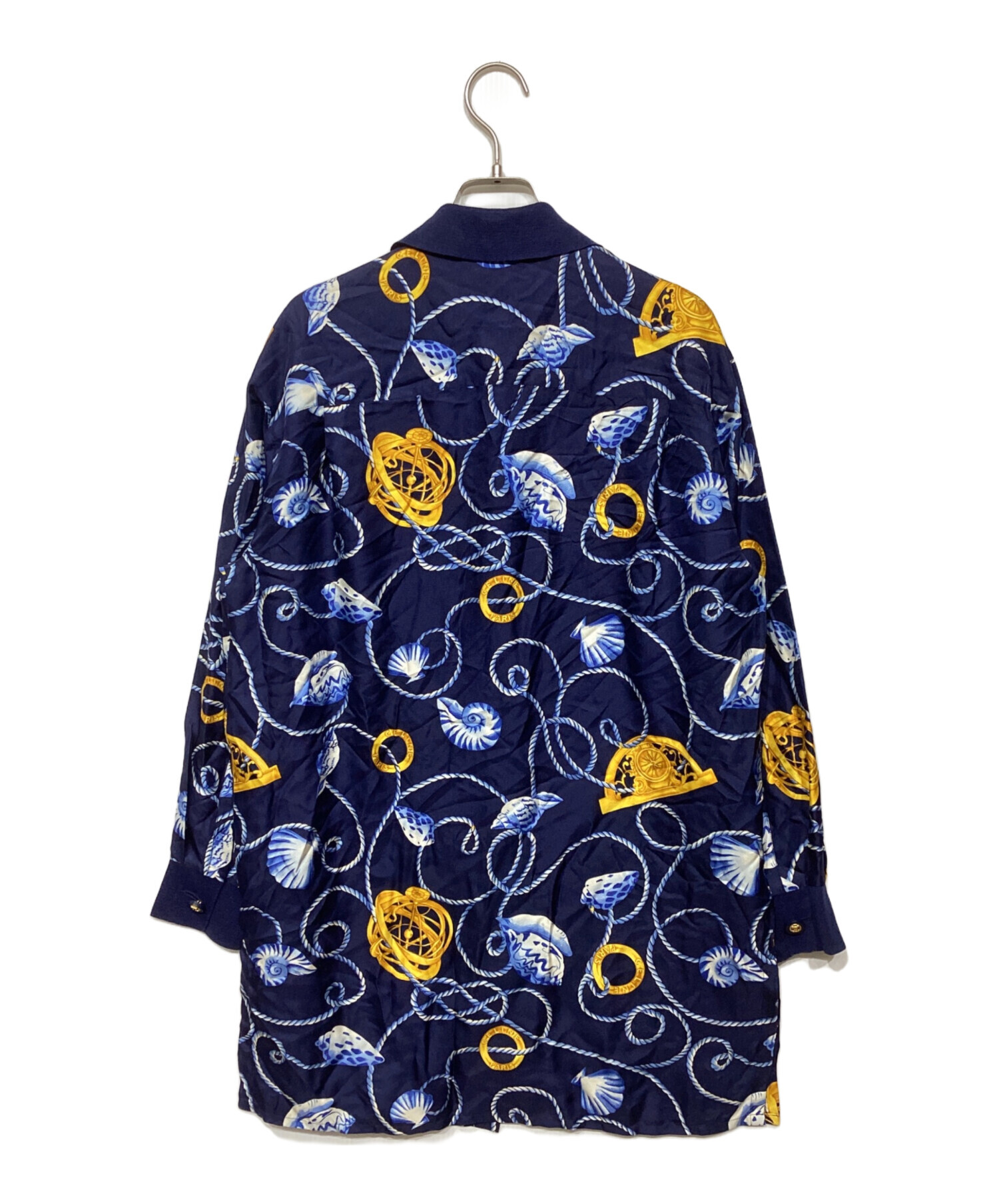 CELINEセリーヌ シルクブラウス　★ヴィンテージ.地模様.光沢.42Ｍ〜L 中古・古着通販】CELINE (セリーヌ) 総柄シルクシャツ ネイビー サイズ