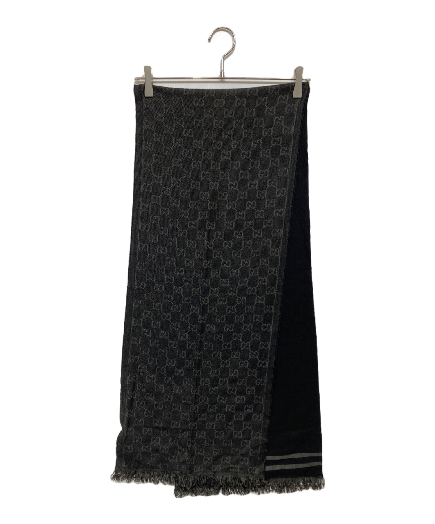 GUCCI ブラック マフラー ウール100% 中古・古着通販】GUCCI (グッチ) GG柄ウールフリンジマフラー ブラック