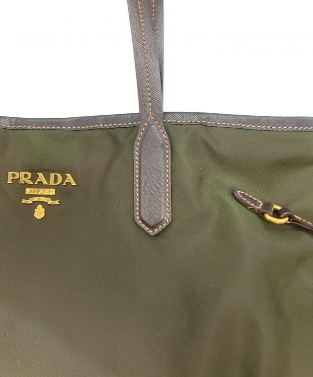 【中古】PRADA オリーブグリーン トートバッグ 中古・古着通販】PRADA (プラダ) ナイロン×レザー トートバッグ
