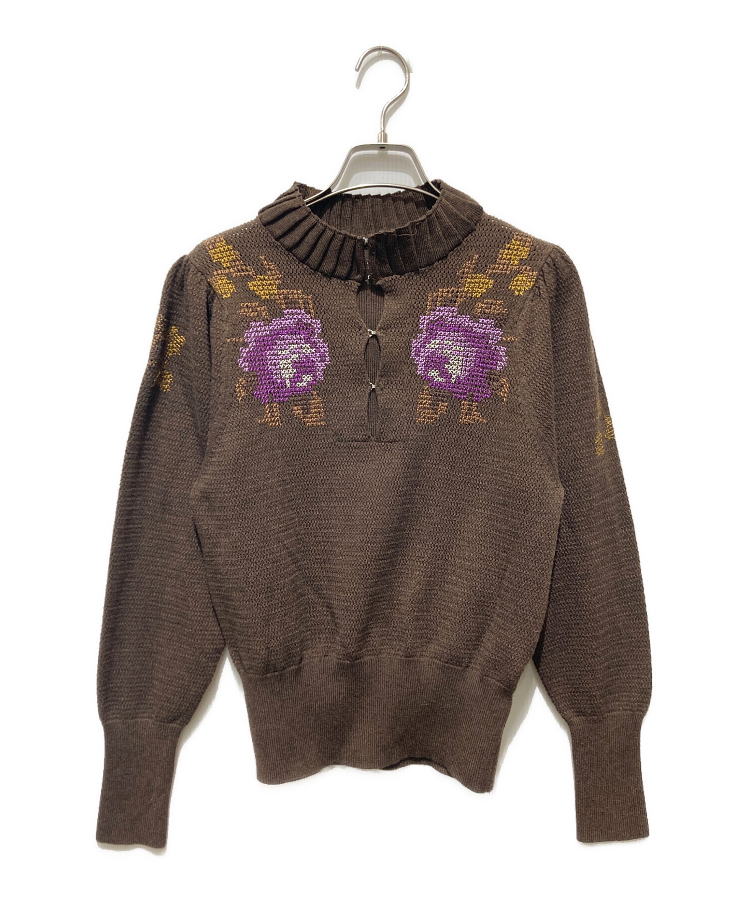 中古・古着通販】AMERI (アメリ) CROSS STITCH MESH KNIT TOP ブラウン