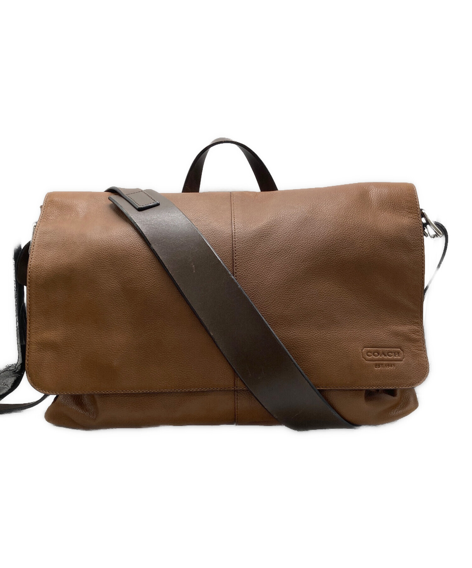 COACH ブラウンレザーショルダーバッグ 中古・古着通販】COACH (コーチ) レザーフラップショルダーバッグ