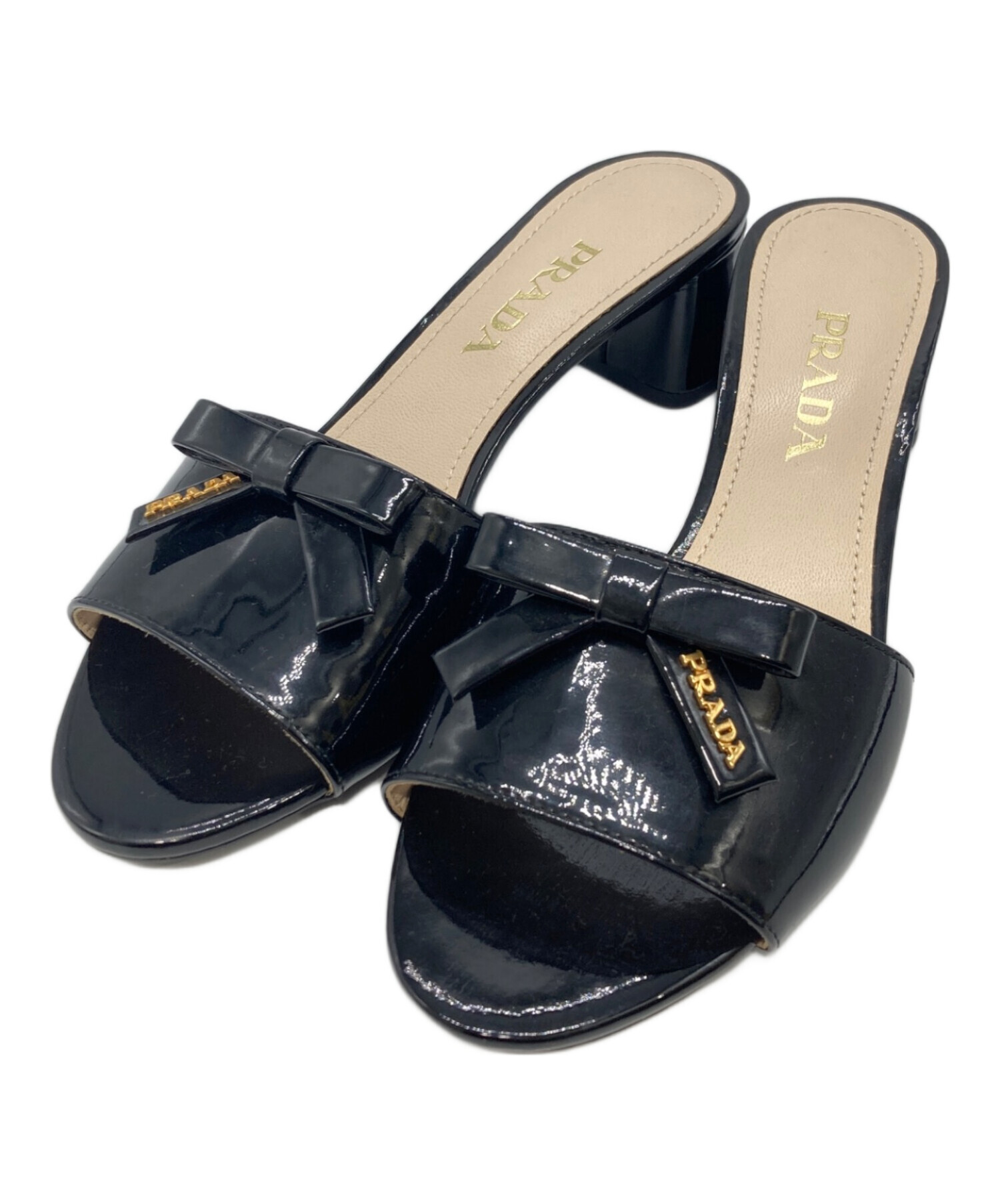 中古・古着通販】PRADA (プラダ) エナメルロゴリボンミュール ブラック