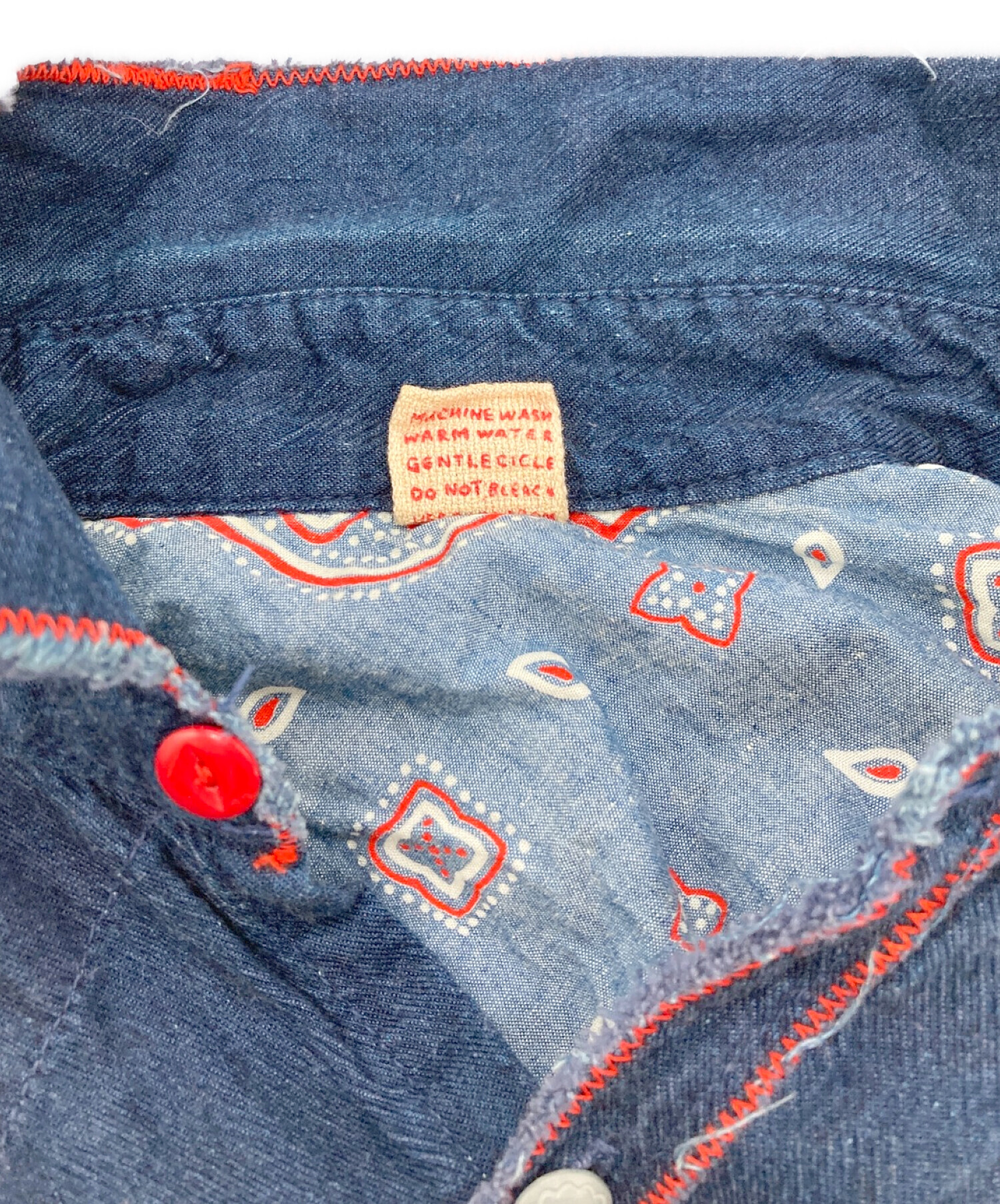 45R 赤糸ステッチコットンシャツ インディゴ 切りっぱなし加工 ボタン