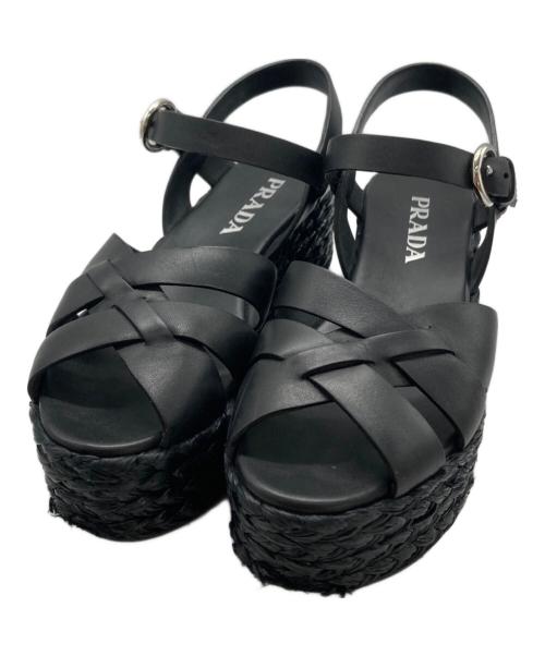 美品 PRADA プラダ エスパドリーユ レースアップ 黒 36 23cm 中古・古着通販】PRADA (プラダ) エスパドリーユ厚底サンダル ブラック