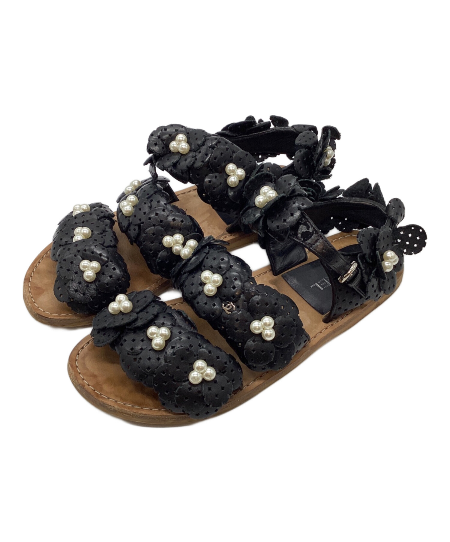 中古・古着通販】CHANEL (シャネル) パール付きサンダル ブラック