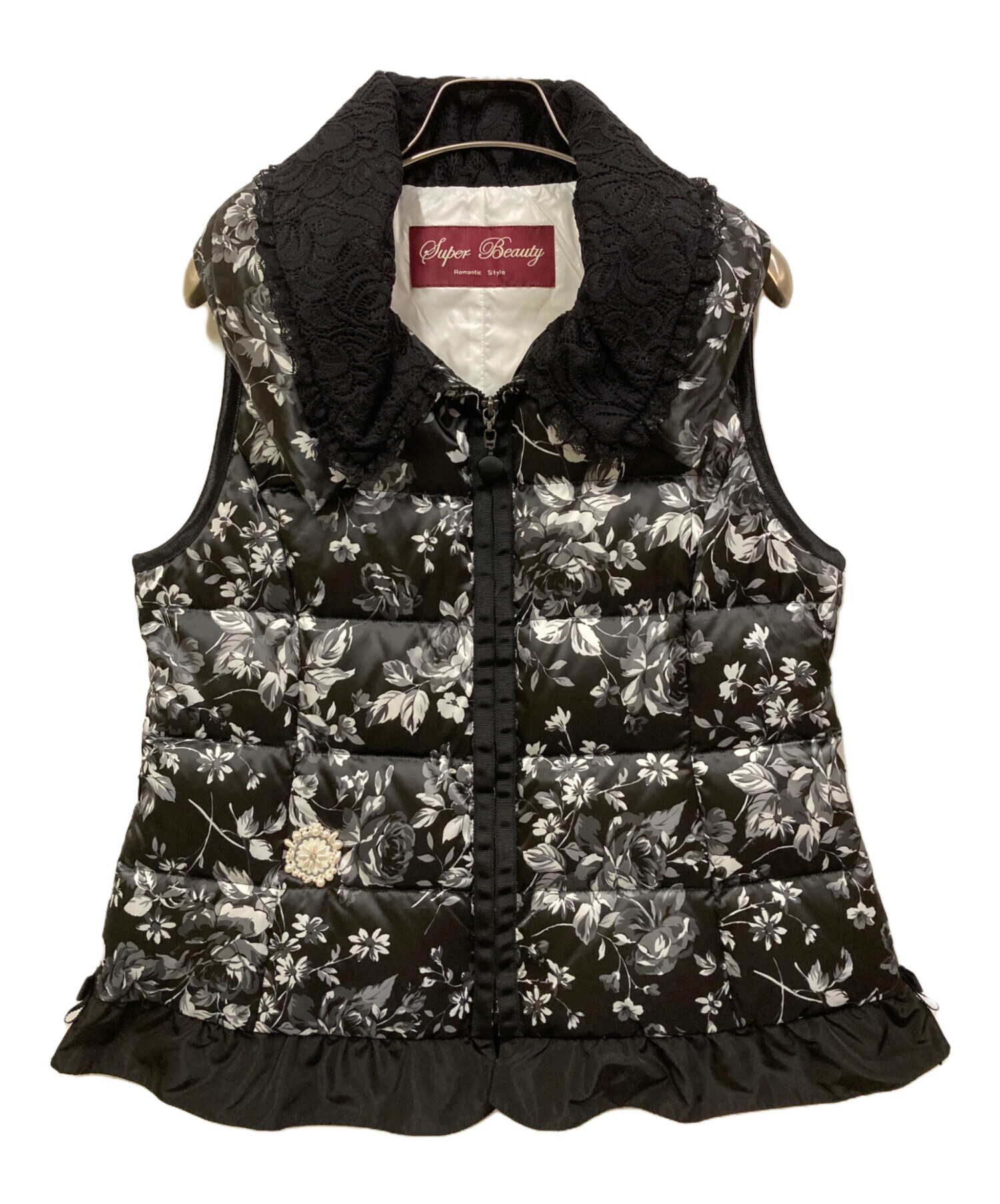 ◆美品◆　スーパービューティー　花柄　ダウンベスト　襟元レース　42 ◇美品◇ スーパービューティー 花柄 ダウンベスト 襟元レース 42