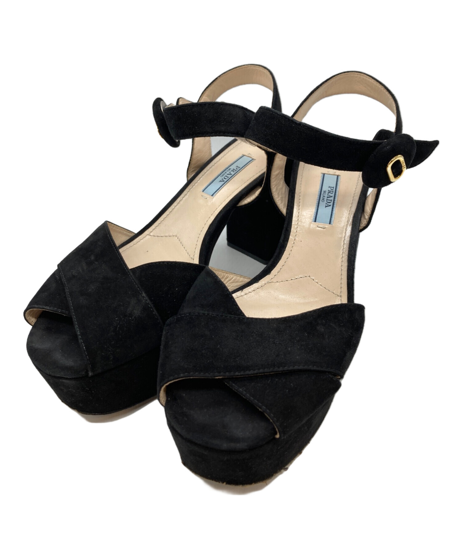 【美品】プラダ　PRADA ストラップサンダルスクエアトゥプラットフォーム 中古・古着通販】PRADA (プラダ) プラットフォームストラップヒール