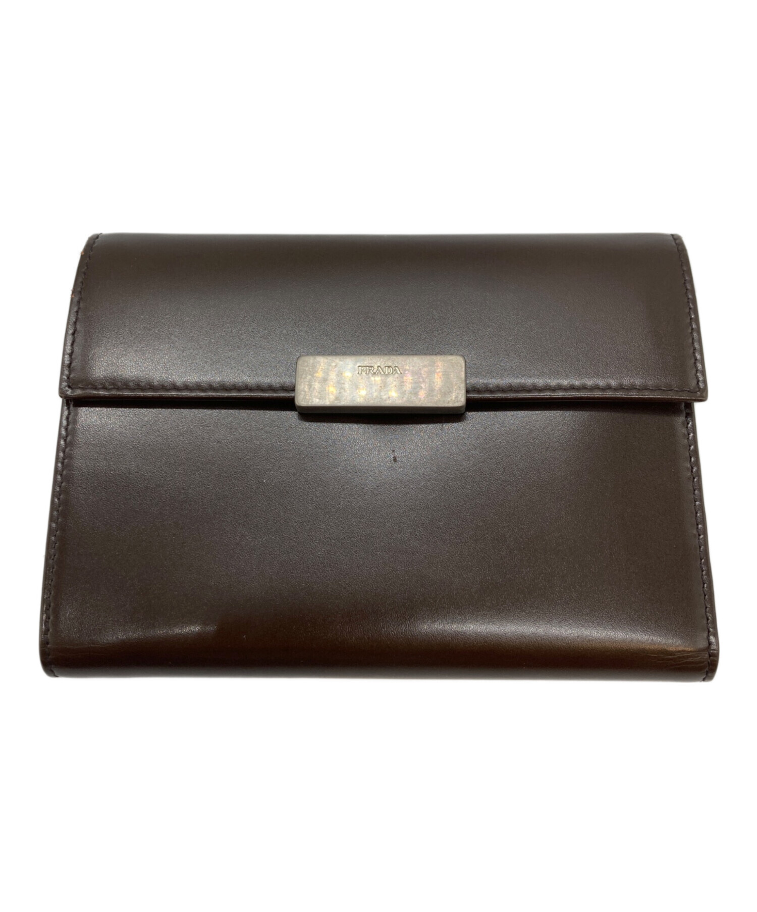 綺麗 PRADA プラダ ロゴ コンパクトウォレット 三つ折り財布 レザー ブラウン レディース【中古】 PRADA（プラダ） ロゴプレート 三つ折り 財布 ミニ コンパクト 三