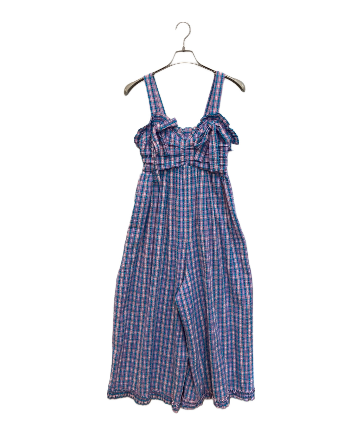 【美品】ビュルデサボン リネンサロペット フリル襟 麻100% チェック柄 中古・古着通販】CAROLINA GLASER (カロリナ グレイサー) チェック柄