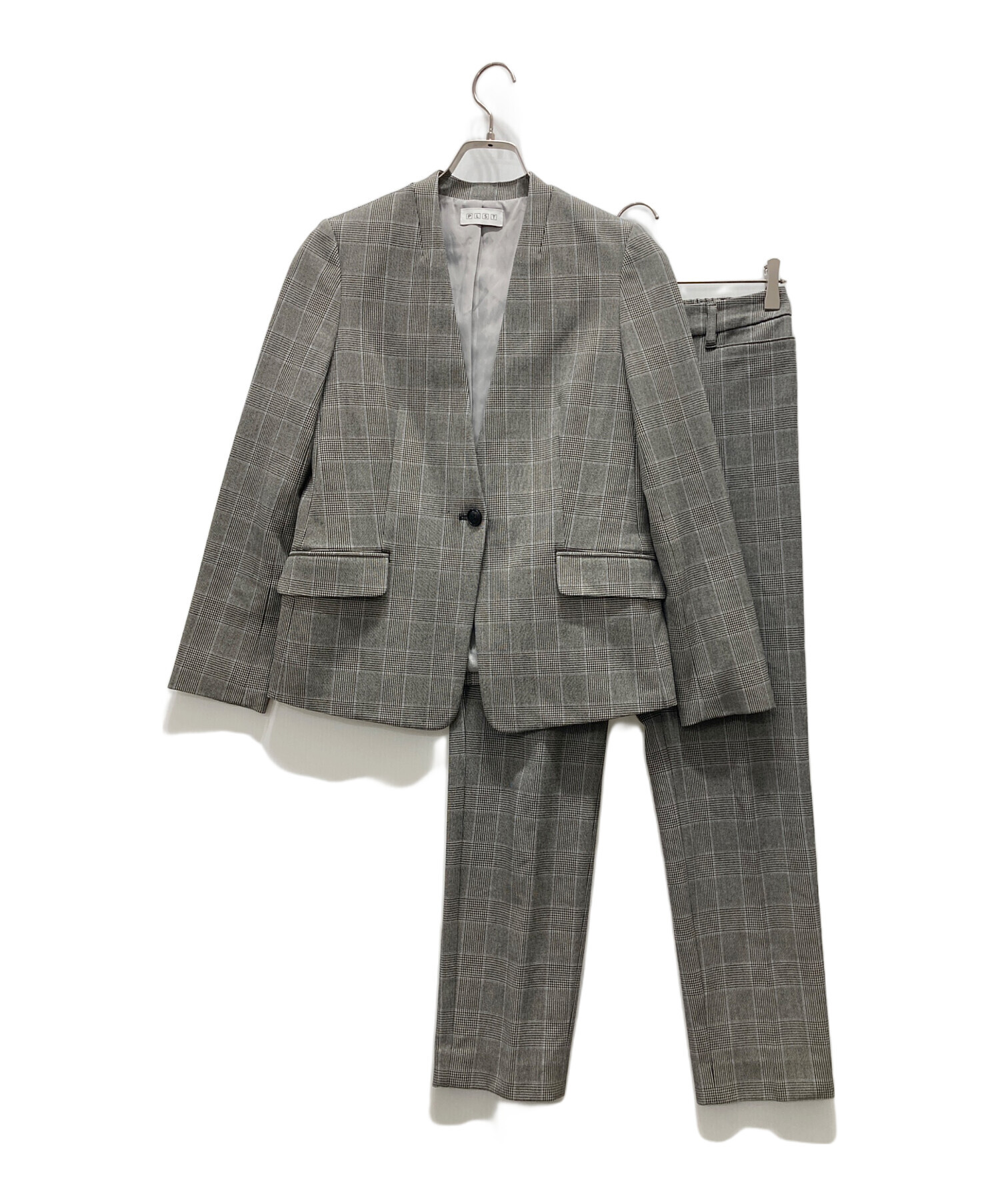 PLST ウォームリザーブカラーレスジャケットセットアップ M グレー チェック 中古・古着通販】PLST (プラステ) ウォームリザーブカラーレス