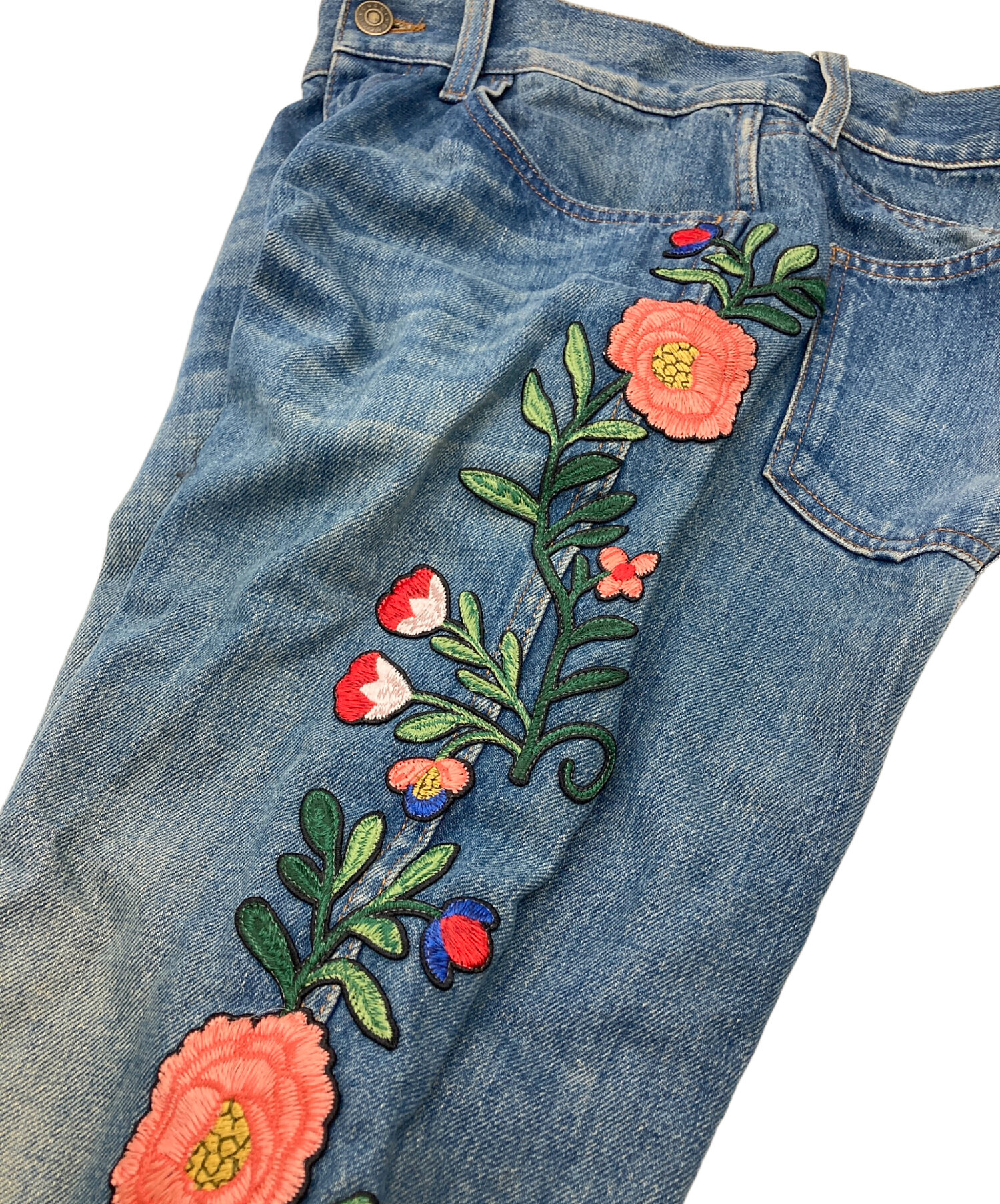 中古・古着通販】GUCCI (グッチ) フラワー刺繍ロールアップデニム