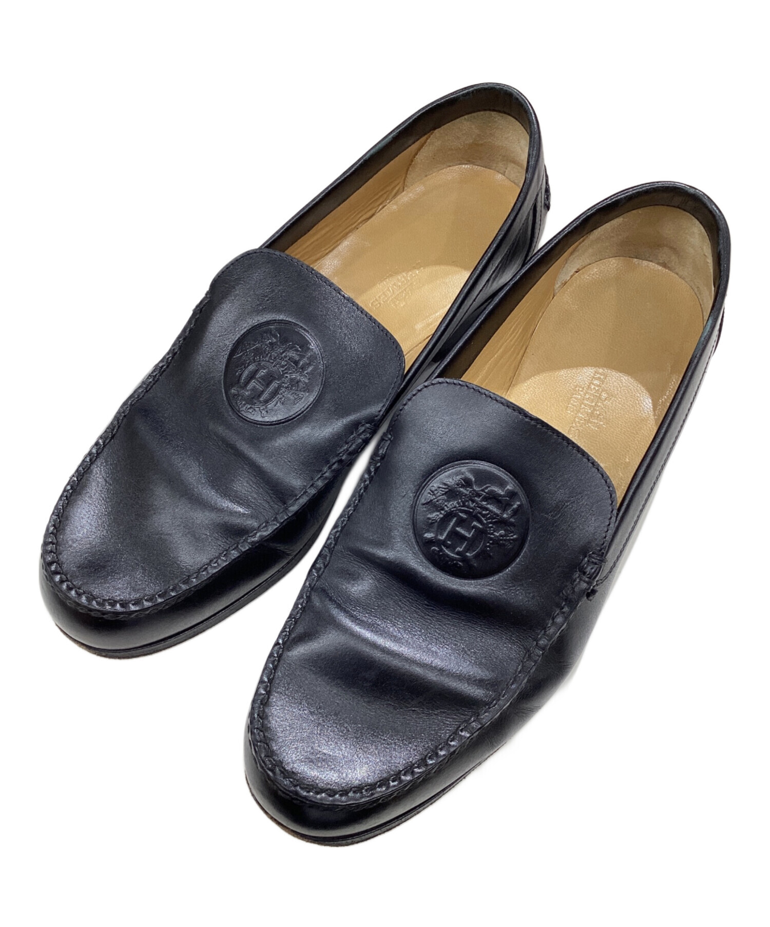 中古・古着通販】HERMES (エルメス) ロゴ型押しローファー ブラック