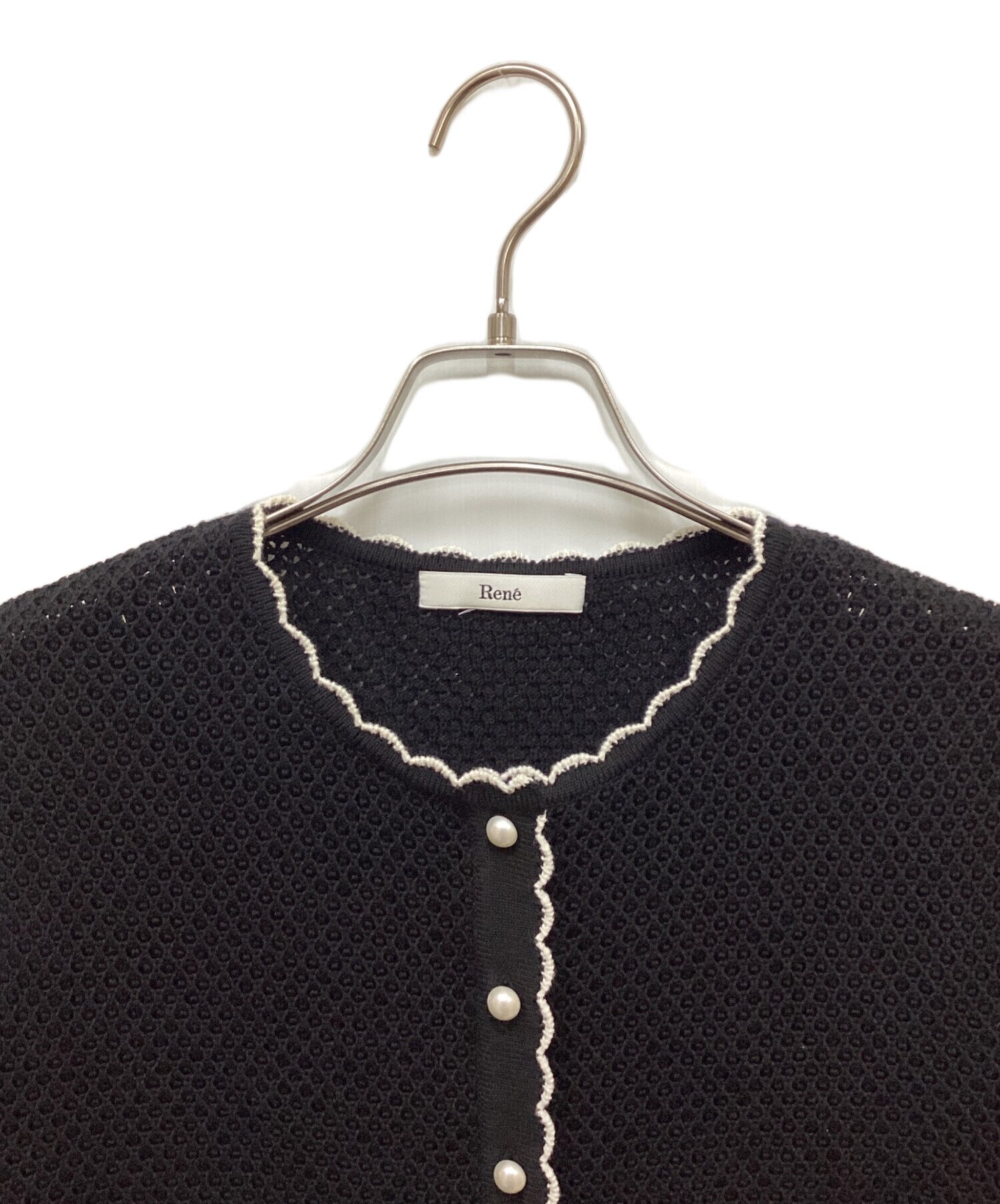 中古・古着通販】Rene (ルネ) スカラップ半袖ニットカーデ ブラック