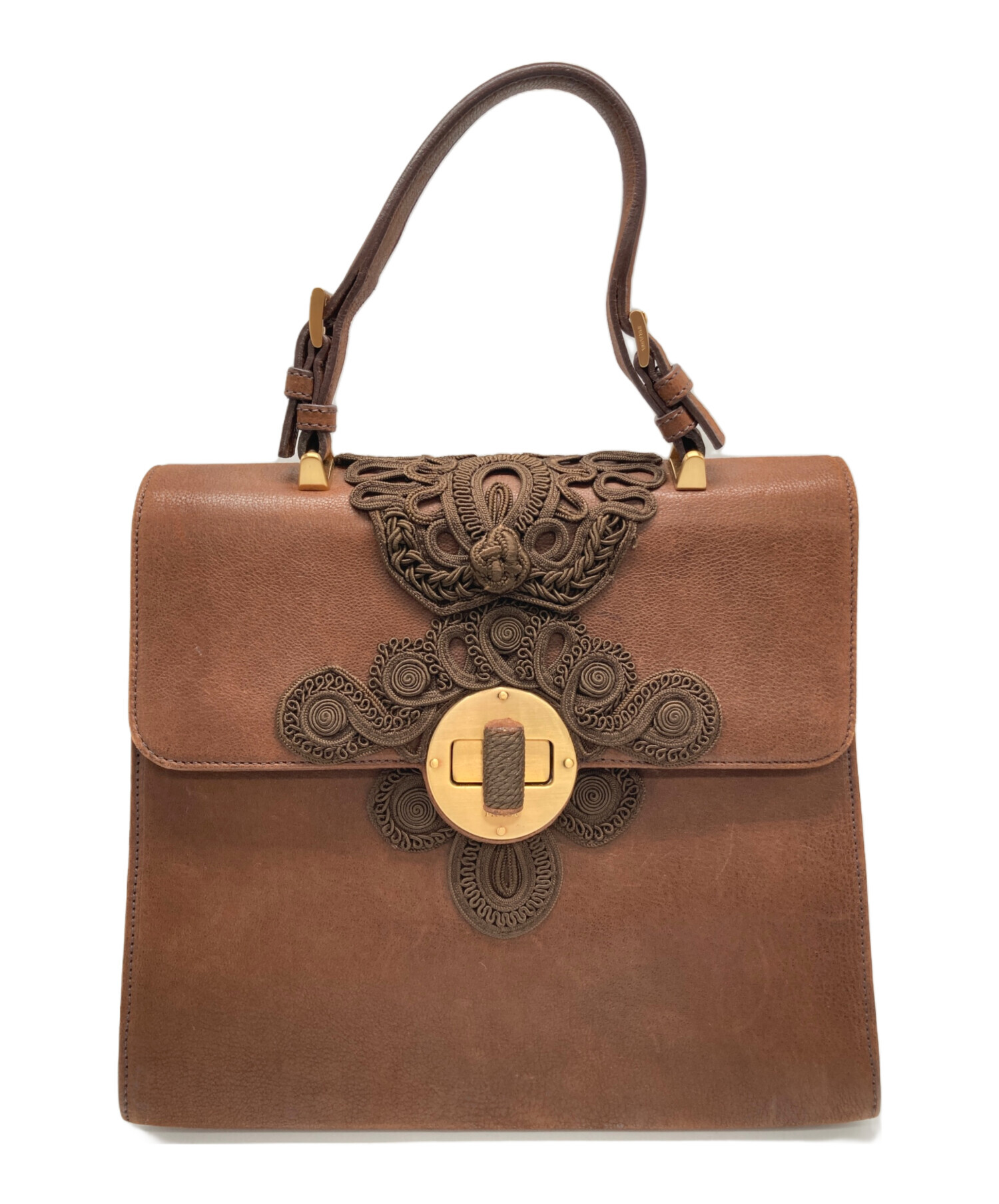 中古　PRADA ブラウンレザー ハンドバッグ 中古・古着通販】PRADA (プラダ) ターンロックレザーハンドバッグ