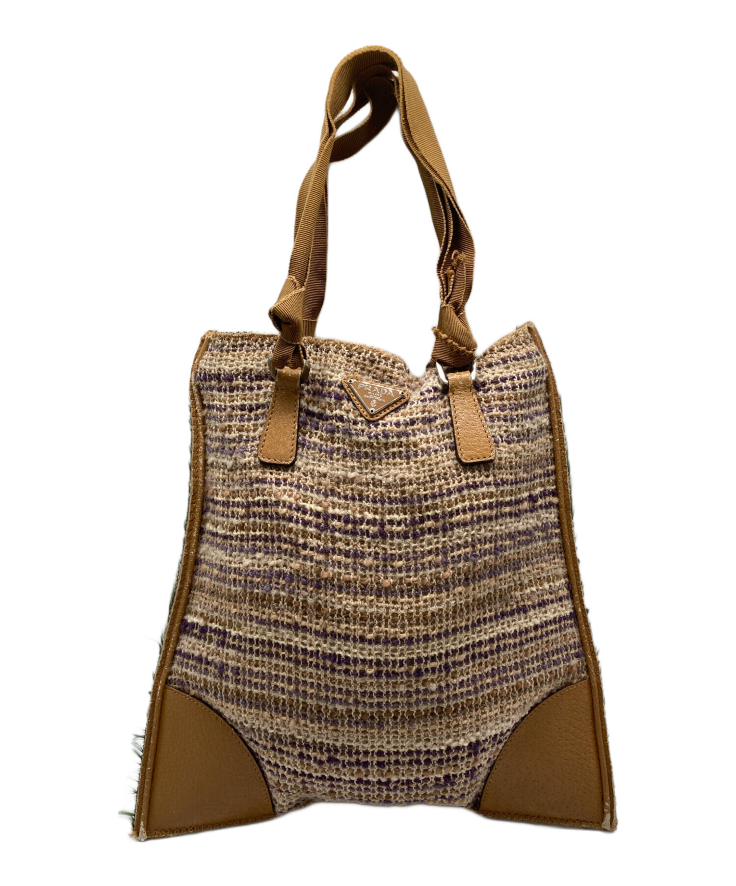 PRADA ツイード レザー ハンドバッグ 中古・古着通販】PRADA (プラダ) ツイードハンドバッグ ブラウン