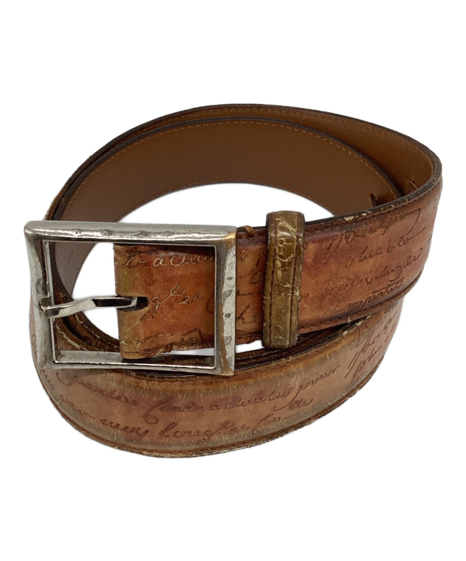 美品 ベルルッティの象徴的カリグラフィ柄 Berluti ブラウンレザーベルト 中古・古着通販】Berluti (ベルルッティ) カリグラフィ レザーベルト