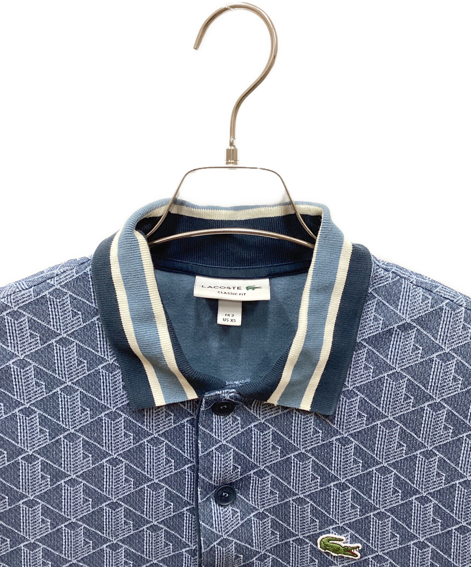 美品 ラコステ モノグラム ジャガード ポロシャツ インディゴ LACOSTE（ラコステ） ポロシャツ モノグラムジャカード半袖ポロシャツ