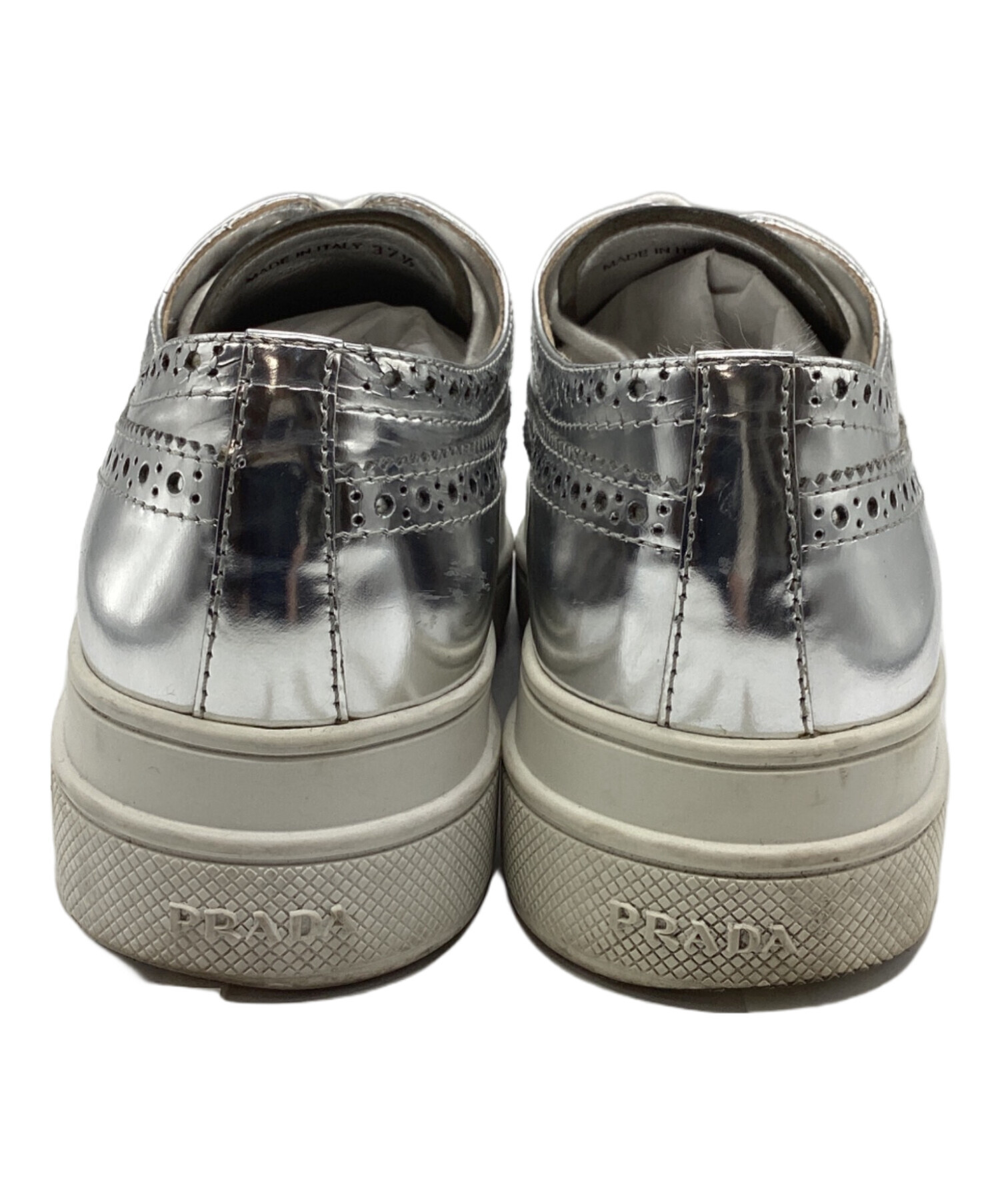 20994✨️プラダ シルバー 厚底プラットフォームシューズ 36 ウイングチップ 中古・古着通販】PRADA (プラダ) ウイングチップスニーカー シルバー