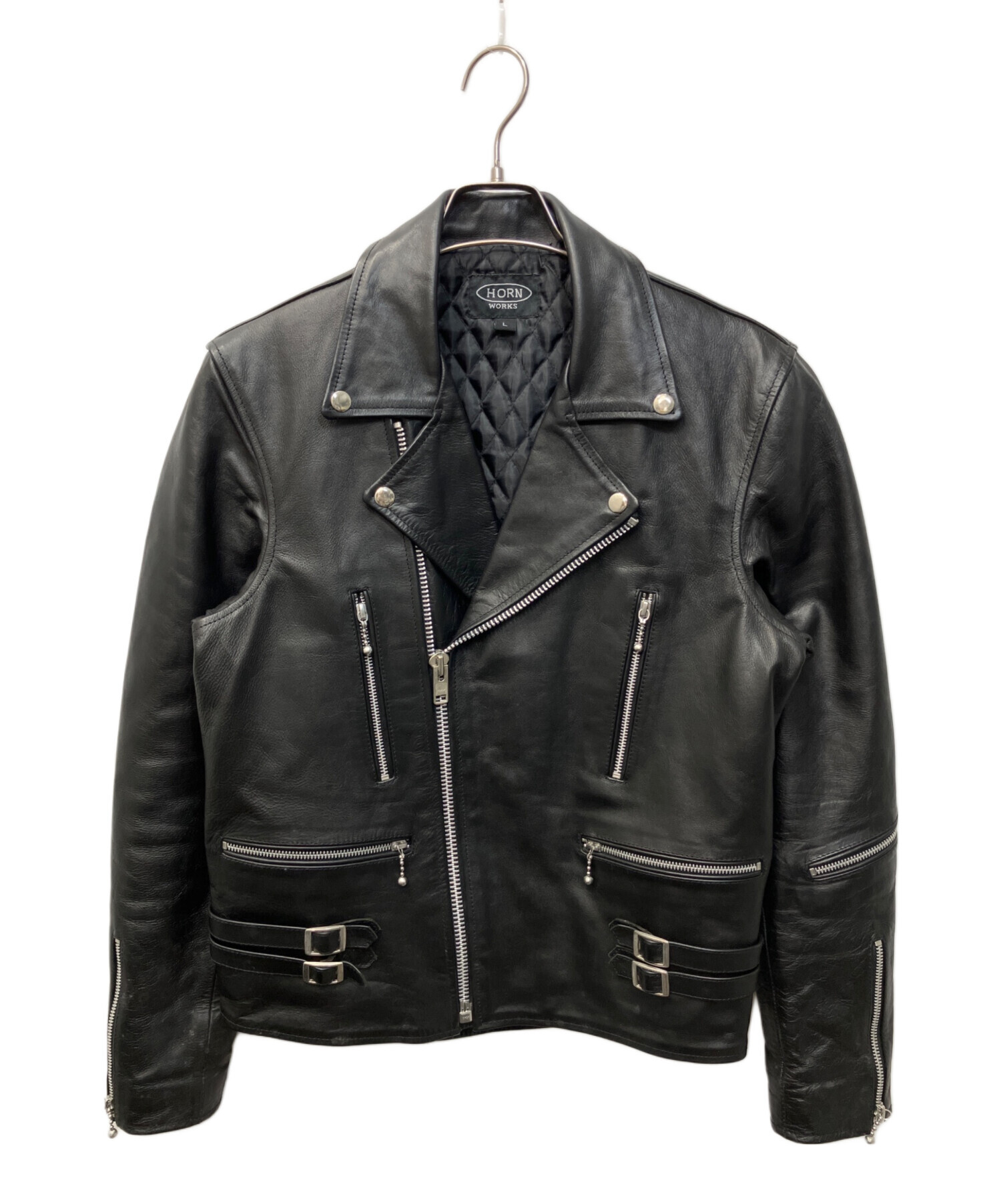 HORN WORKS ダブルライダースジャケット バッファローレザーブラック L 中古・古着通販】HORN WORKS (ホーンワークス) バッファローレザー