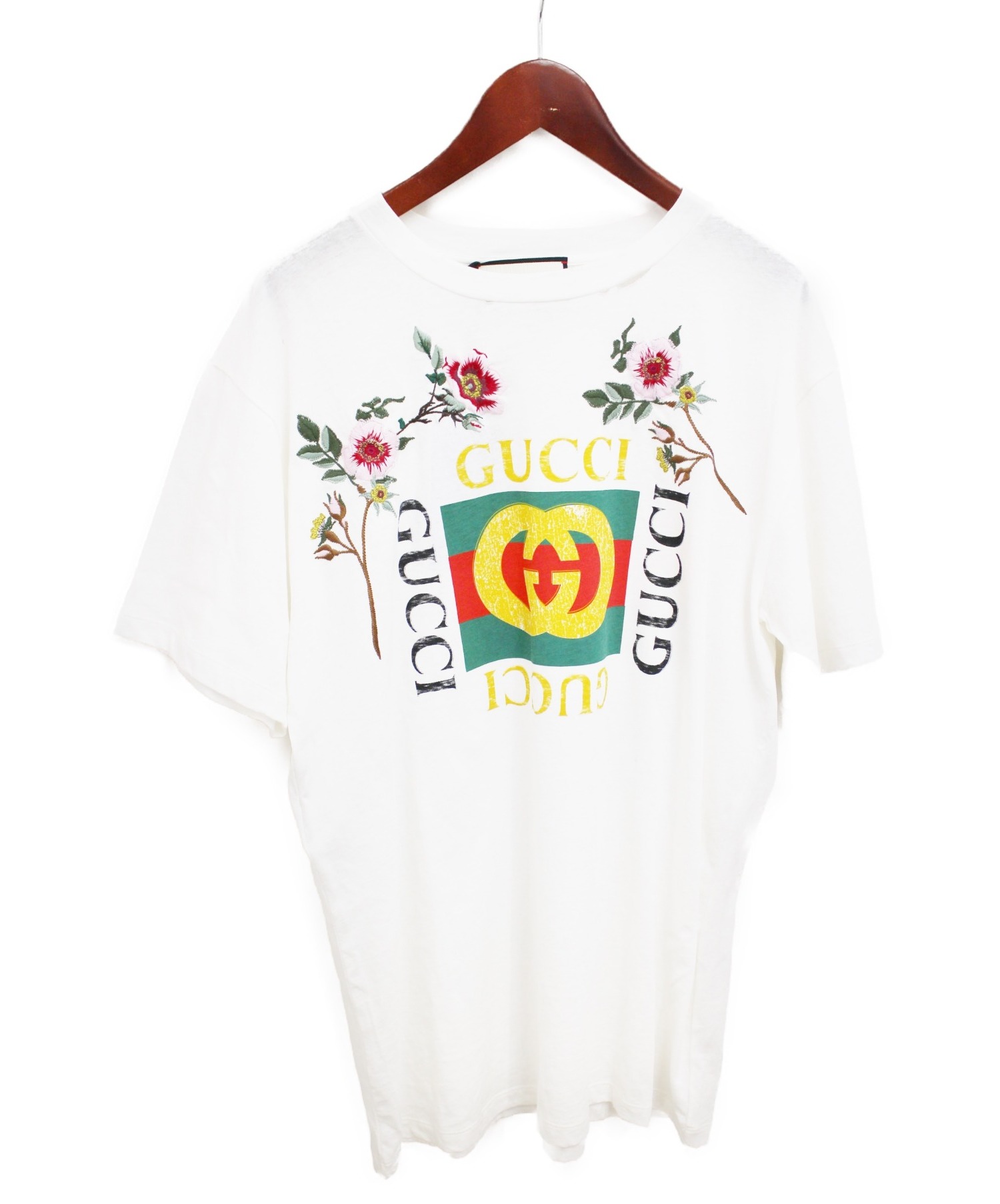中古・古着通販】GUCCI (グッチ) ダメージ加工フローラルロゴTシャツ 