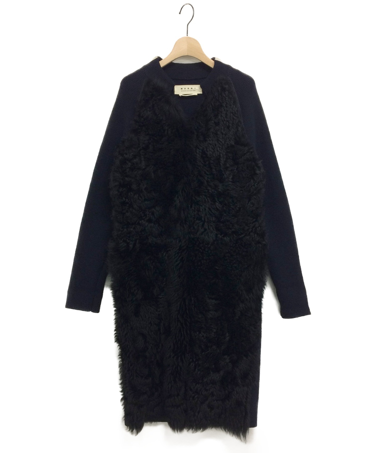 MARNI マルニ ムートンコート ネイビー 中古・古着通販】MARNI (マルニ) ムートン切り替えニットコート