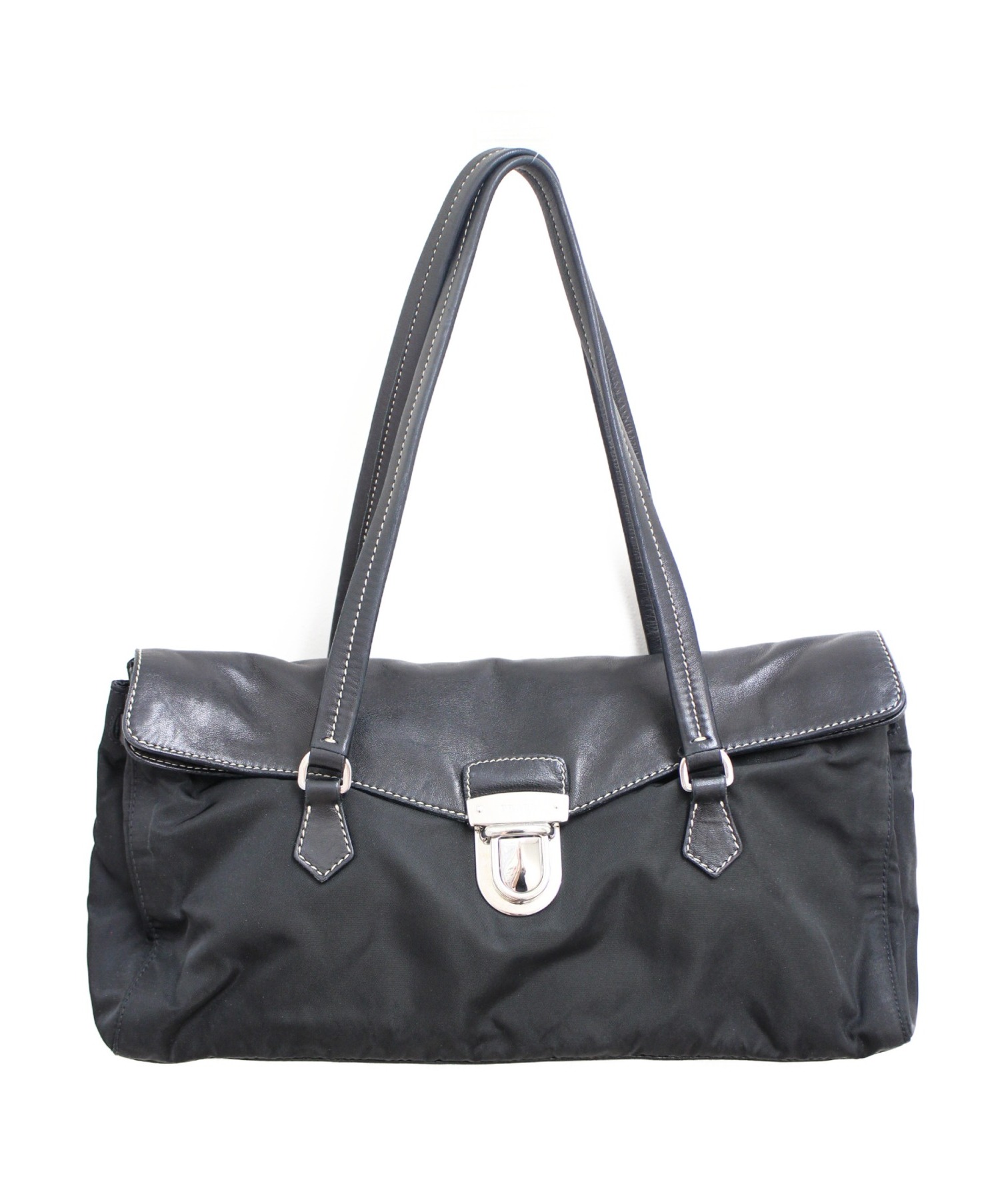 中古・古着通販】PRADA (プラダ) レザーコンビトートバッグ ブラック
