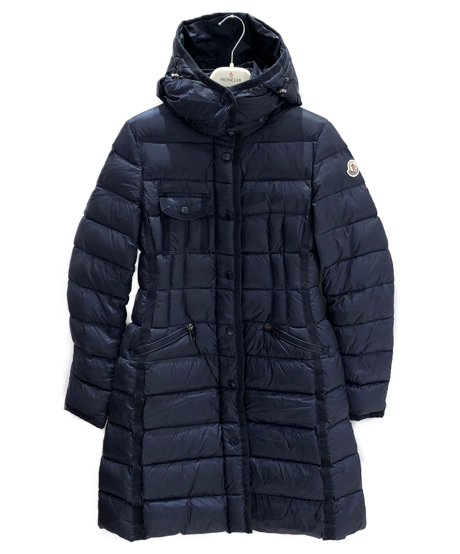 中古★モンクレール★HERMINE ロングダウンコート ネイビー サイズ4 美品 MONCLER（モンクレール） 美品/国内正規 HERMINEエルミンヌ アームロゴ