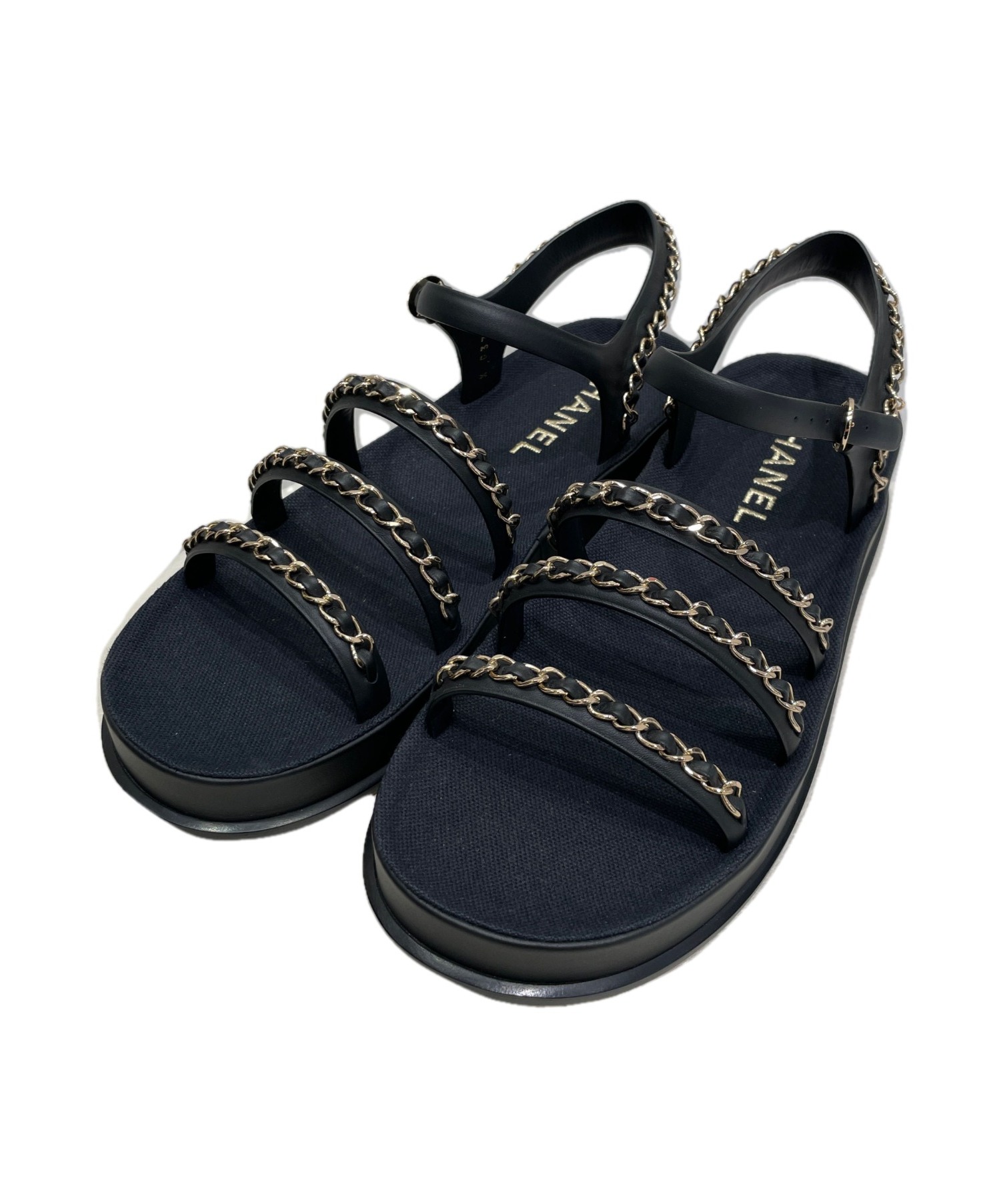 CHANEL チェーンサンダル CHANEL SANDALS MULES SHOES BLACK-LEATHER WITH GOLD CHAIN SIZE 39