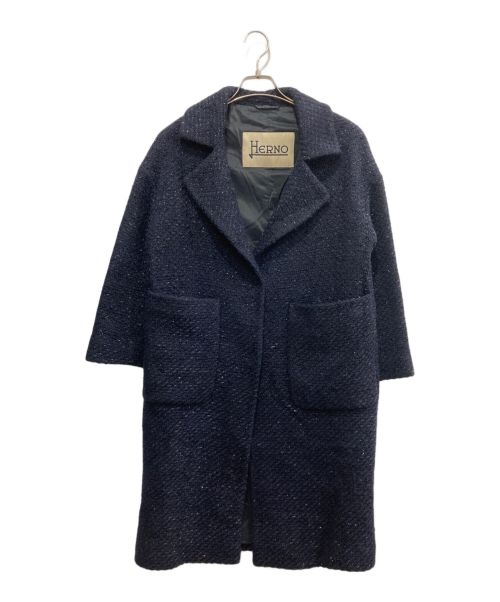 HERNO ヘルノ ミックスツイード ノーカラーコート 白×ネイビー サイズ