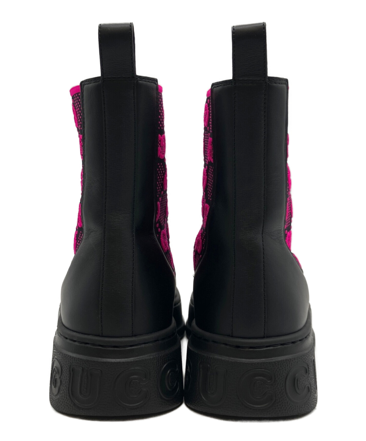 『 マーブル 』GUCCI ブーツ ブラック ピンク チェルシー 35.5 中古・古着通販】GUCCI (グッチ) GGジャージーブーツ ブラック×ピンク