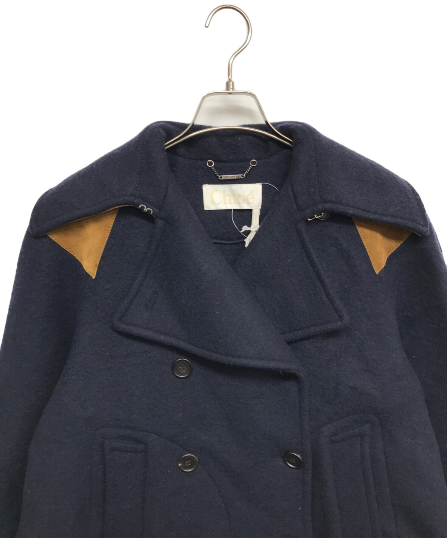 お値下げ中★Chloé ネービー　ウールピーコート 中古・古着通販】Chloe (クロエ) スウェード切替ウールPコート