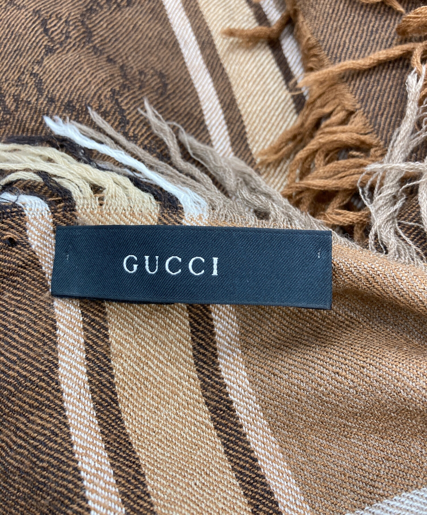 GUCCI ベージュ ストール フリンジ付き 中古・古着通販】GUCCI (グッチ) GG総柄フリンジストール ブラウン