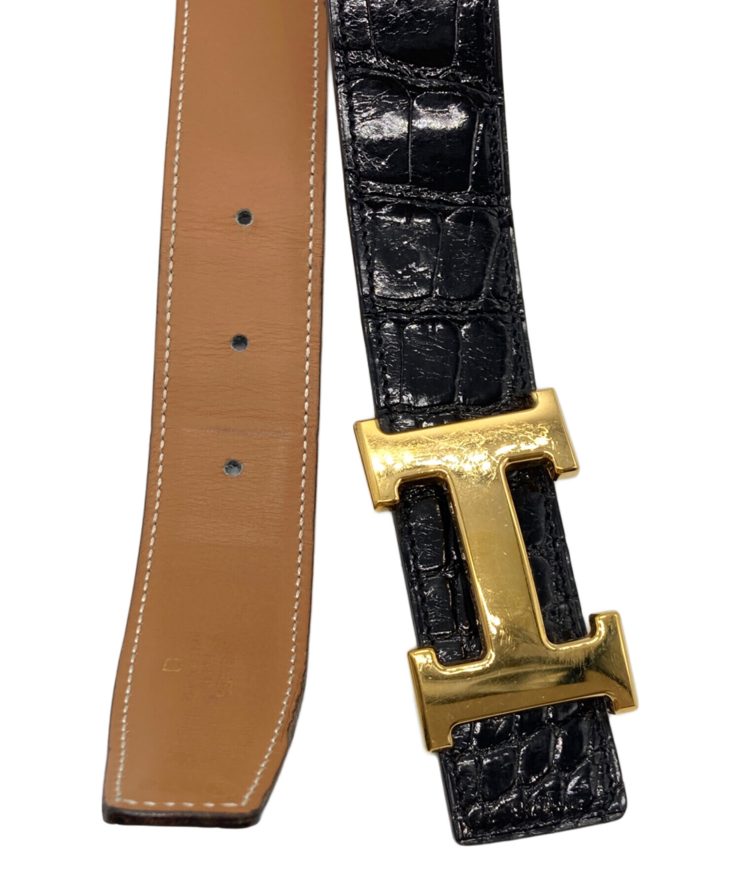 美品 エルメス HERMES 95年 ベルト レザーベルト リバーシブル クロコダイル レディース フランス製 68ブラック 中古・古着通販】HERMES (エルメス) レザーベルト ブラック｜ブランド