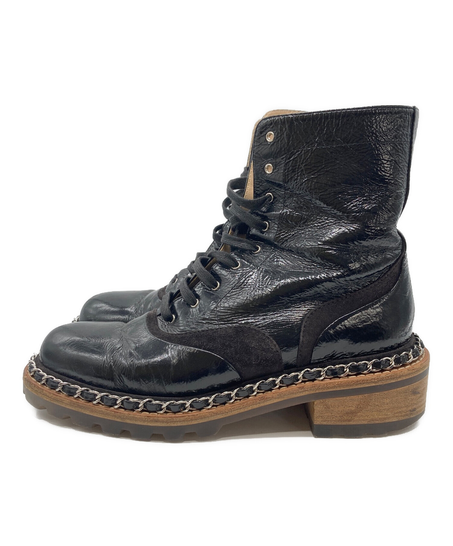 【未使用級】CHANELシャネル　レースアップブーツ　ブラック 中古・古着通販】CHANEL (シャネル) レースアップチェーンブーツ
