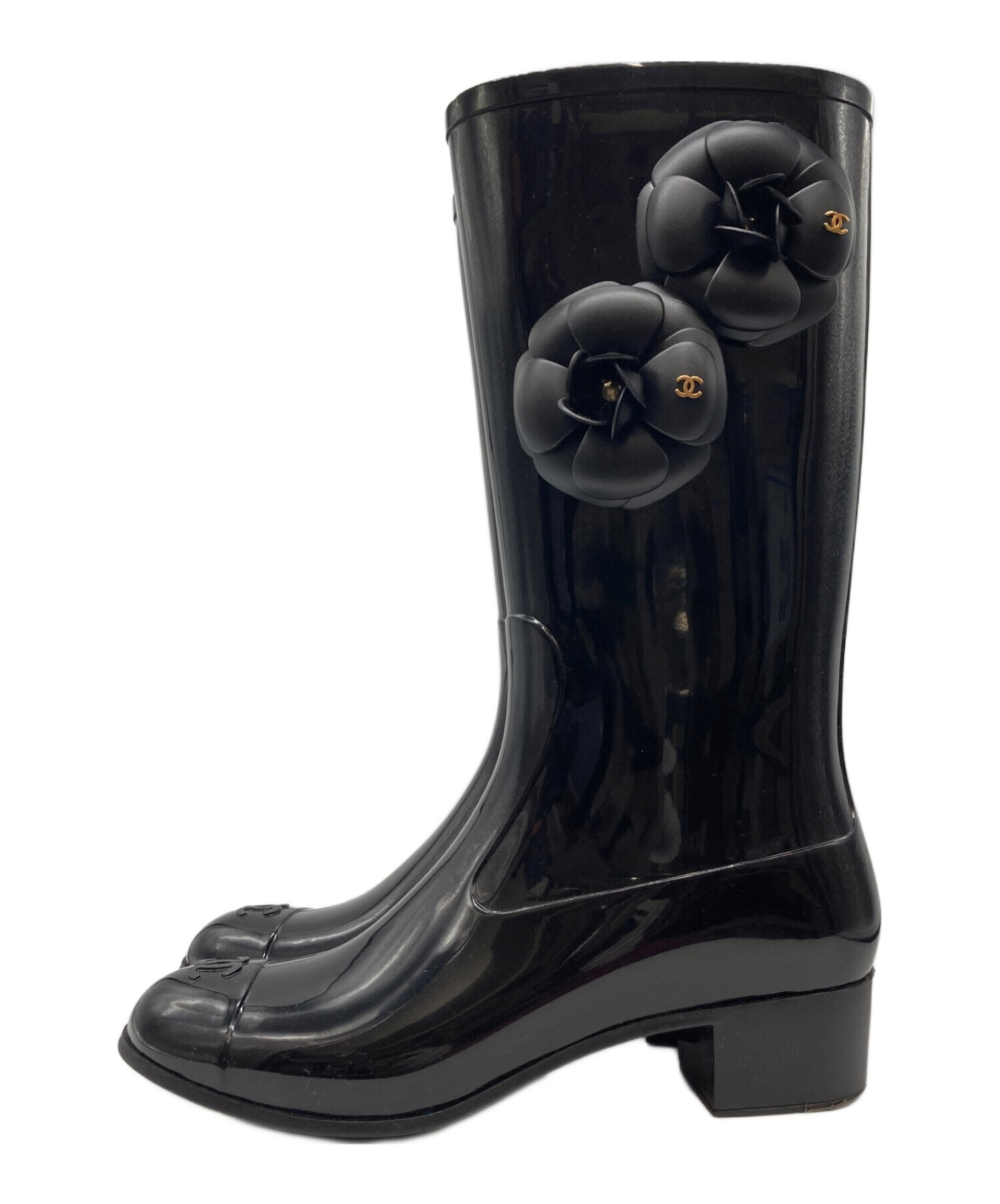 中古・古着通販】CHANEL (シャネル) カメリアレインブーツ ブラック 