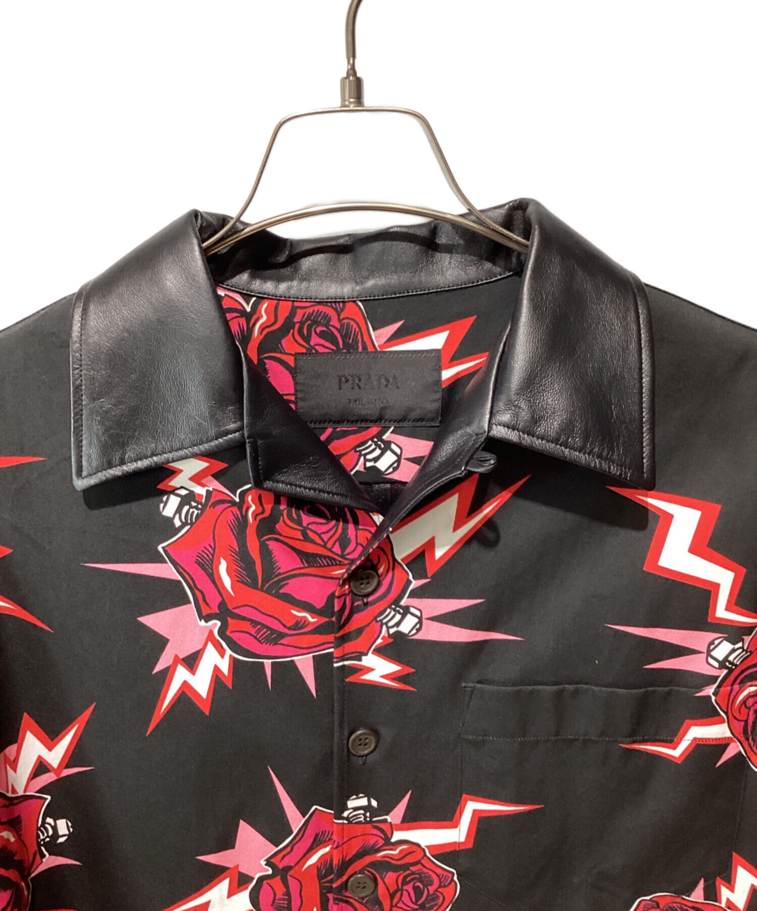 【未使用 定価15万円 希少】 PRADA ドレスシャツ コレクションモデル 中古・古着通販】PRADA (プラダ) レザー切替シャツ ブラック サイズ:M