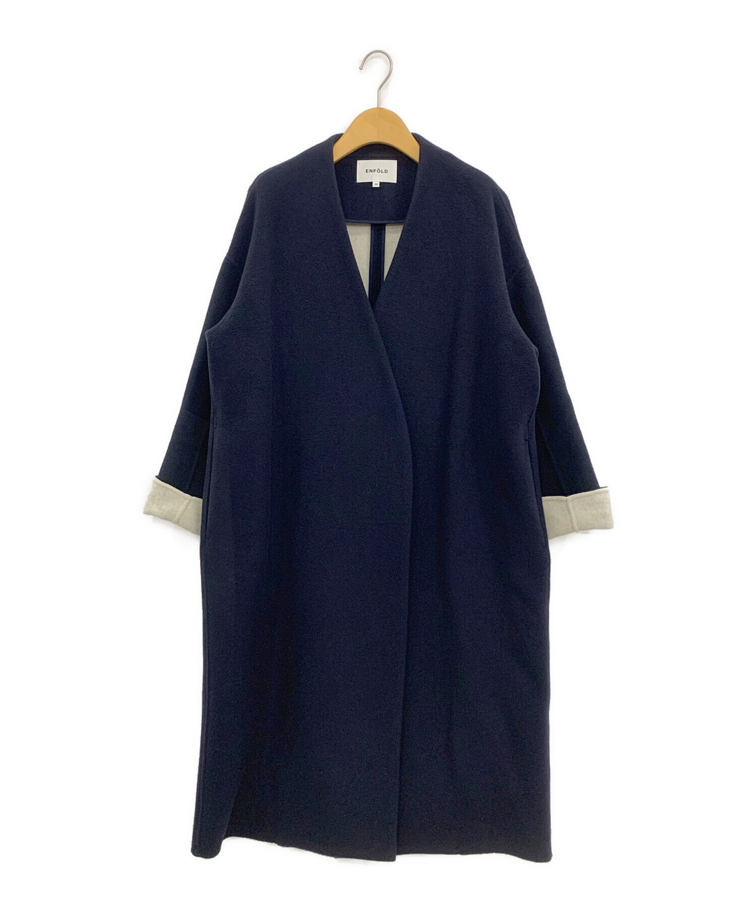 ENFOLD ウールソフトリバーノーカラーコートネイビー
