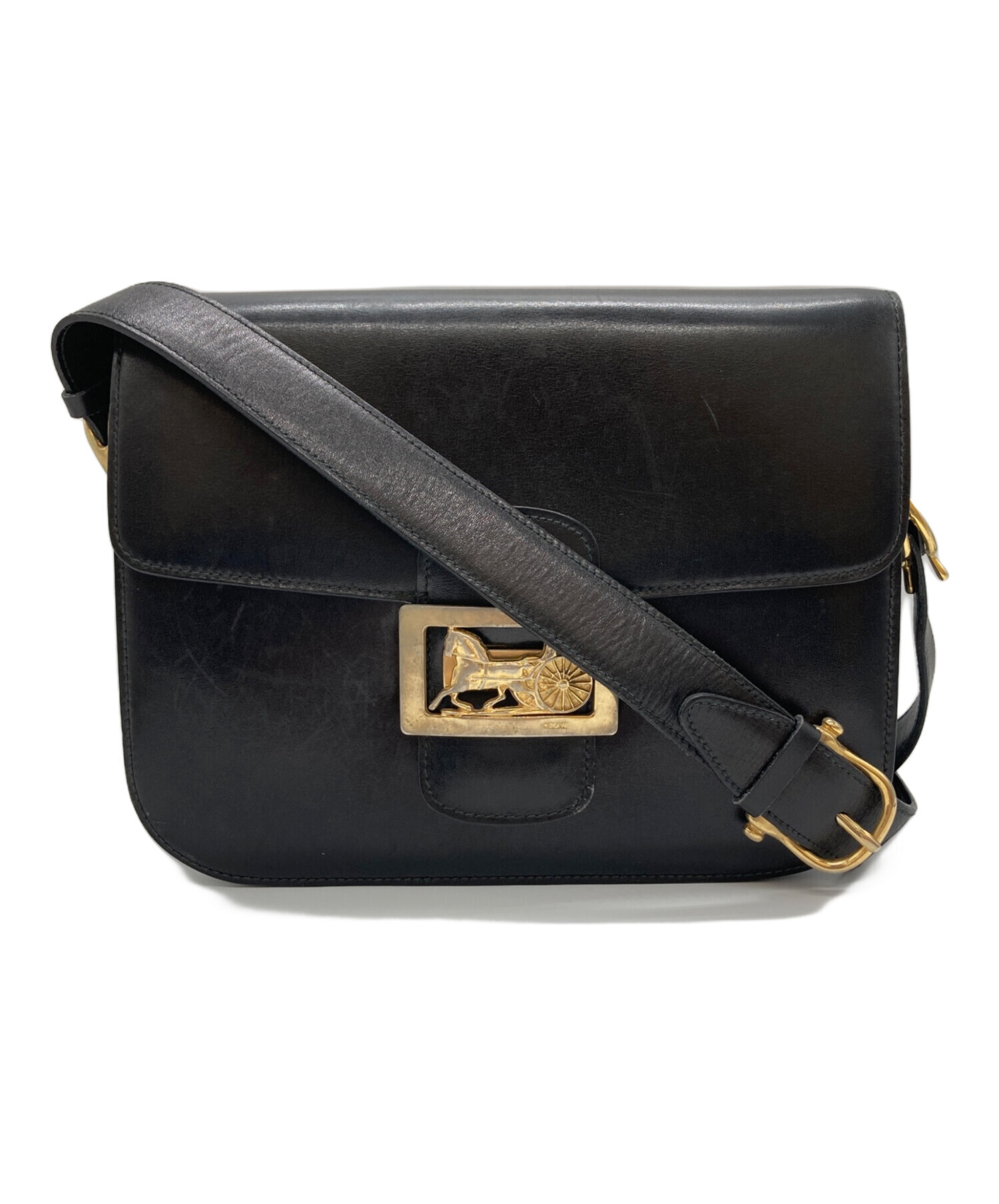 Vintage CELINEセリーヌ馬車ショルダーバッグレザーブラック CELINE セリーヌ ショルダーバッグ 肩掛け 馬車金具 レザー ブラック