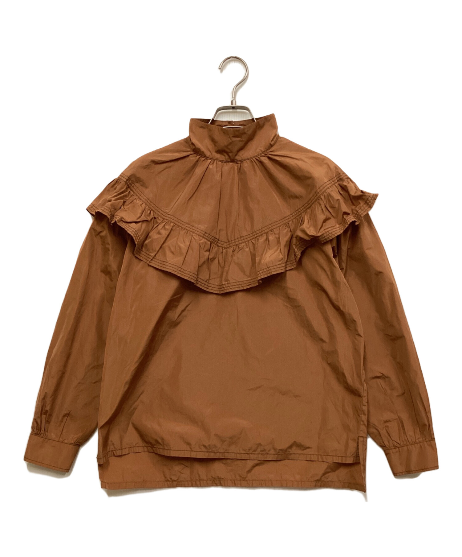 【美品】TELA テラ　プリントシャツブラウス　ブラウン　サテン　IENA 中古・古着通販】tela (テラ) スタンドカラーフリルブラウス ブラウン