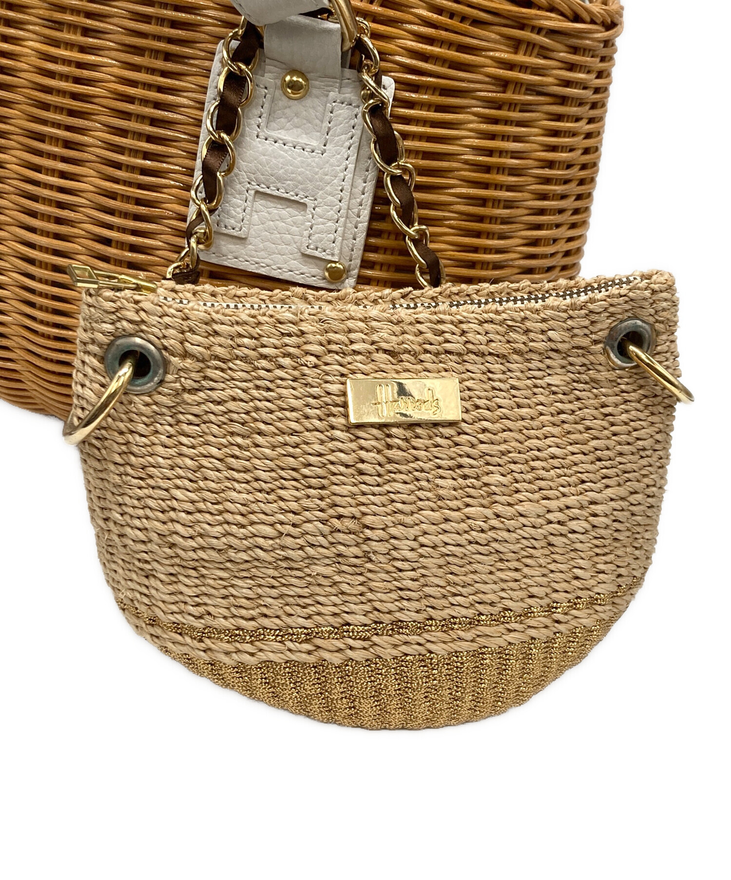 Harrods ハロッズ　かごバッグ 中古・古着通販】Harrods (ハロッズ) ラタンxレザーカゴバッグ