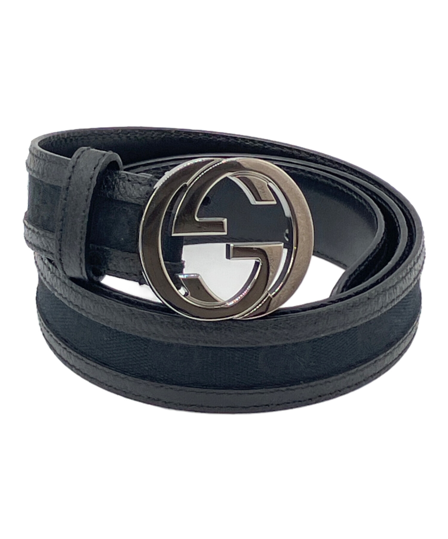 GUCCI インターロッキング ベルト インターロッキングG バックル付き ワイドベルト ・ブラック レザー
