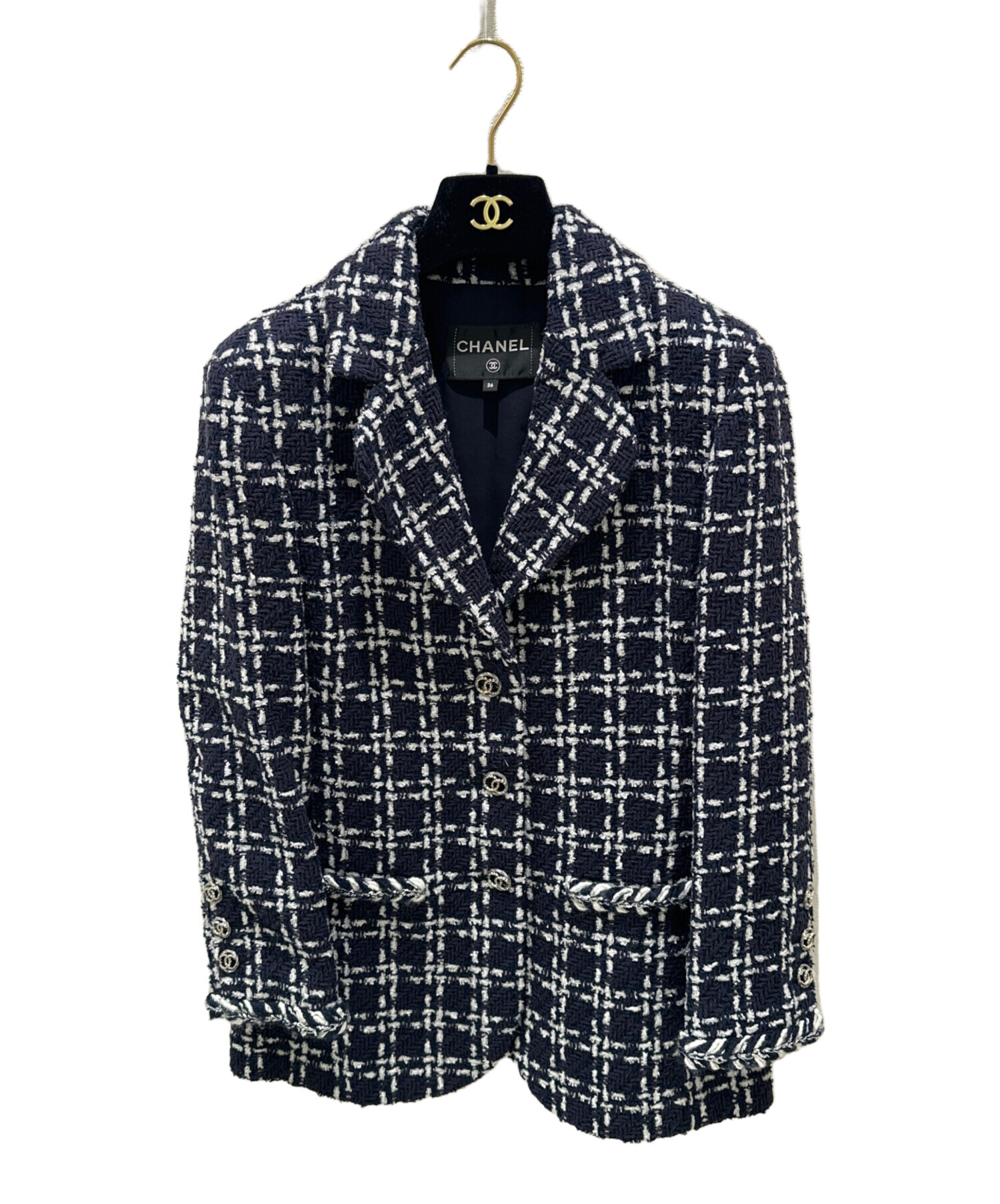 CHANEL訳あり紺ジャケット 中古・古着通販】CHANEL (シャネル) ココマークパールボタンツイード