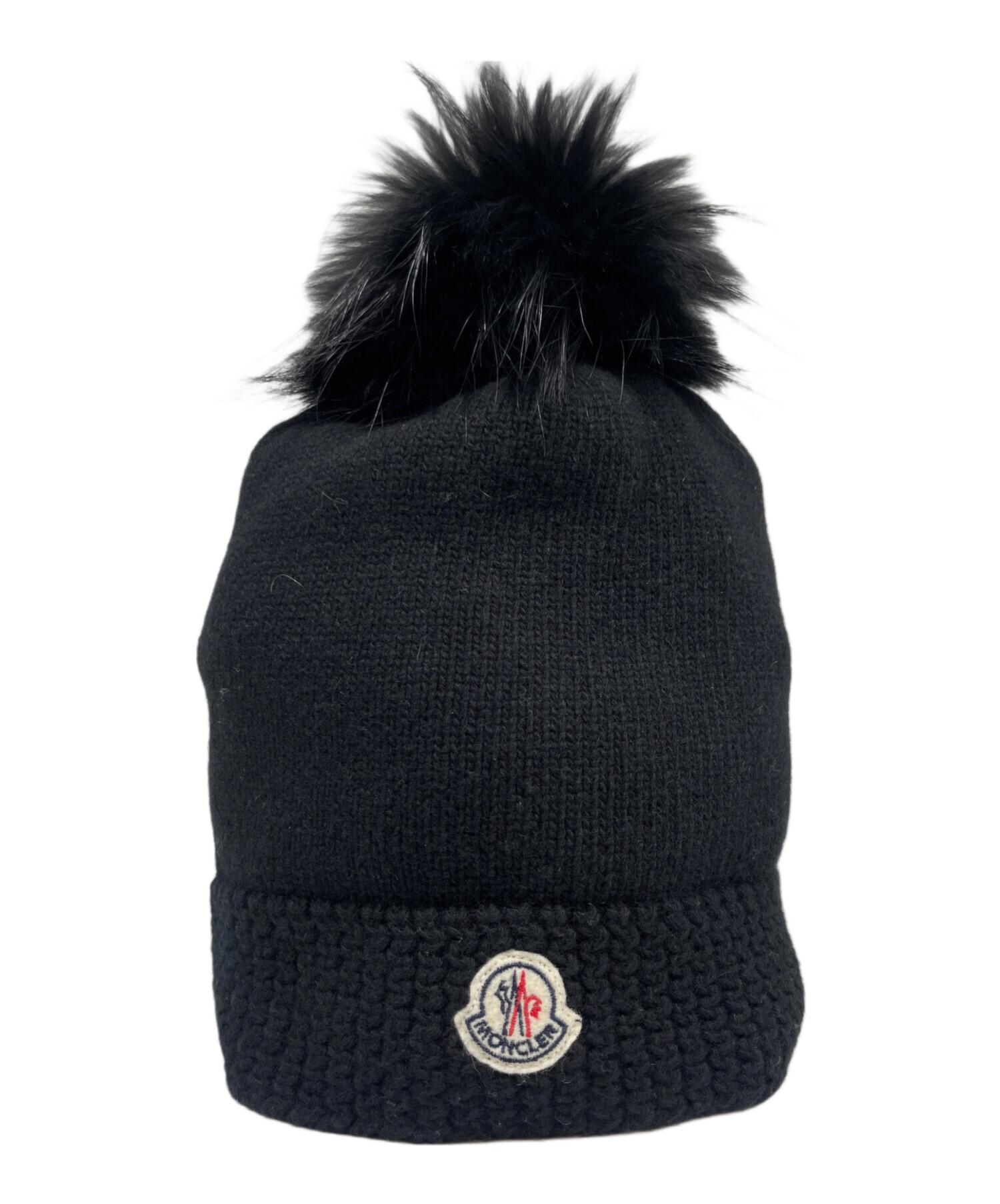 MONCLER ポンポン付きニット帽 黒 中古・古着通販】MONCLER (モンクレール) ファーポン付ニット帽