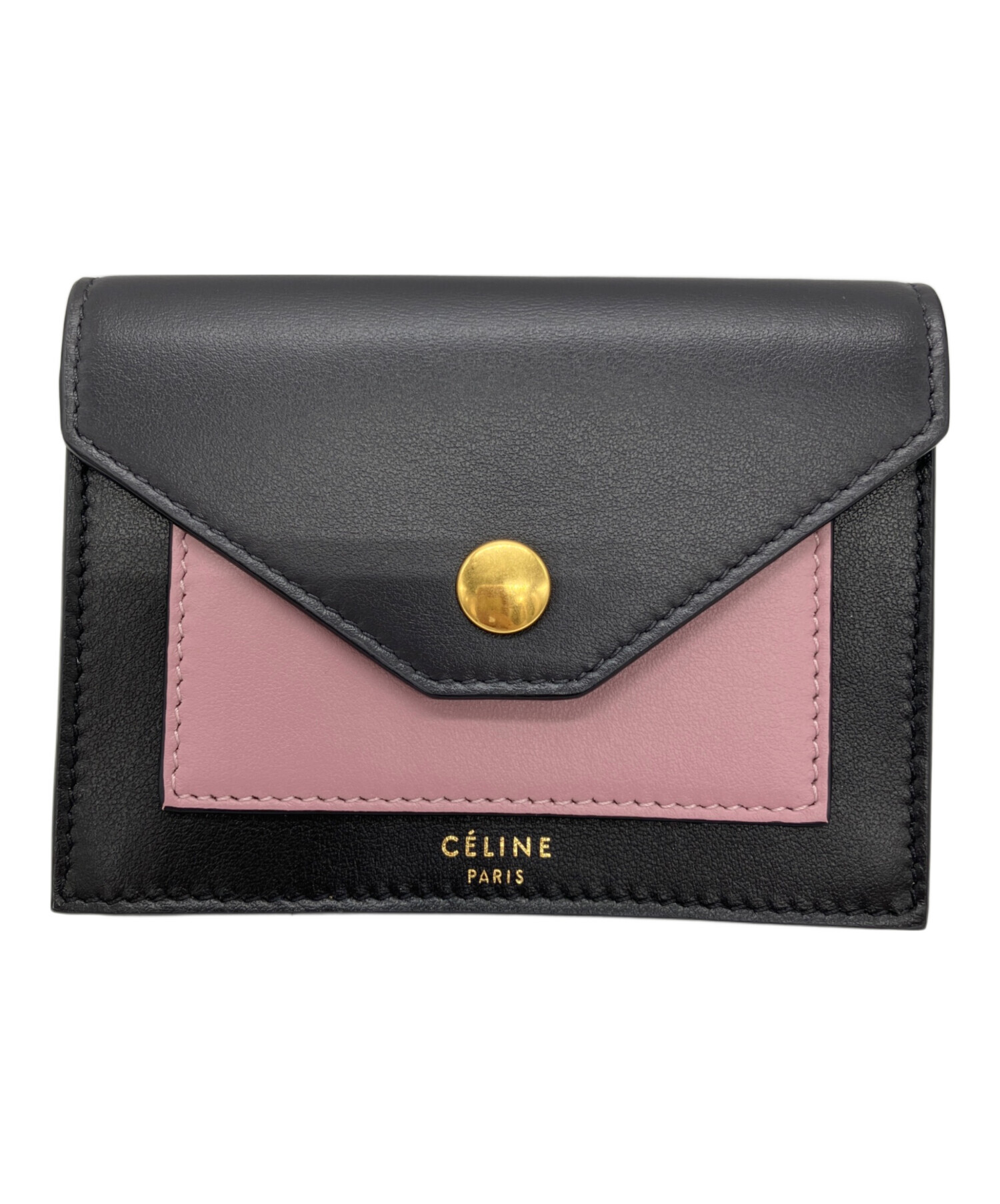 CELINE(セリーヌ) 長財布 ポケット トライフォールデッドマルチファンクション 黒×ピンクベージュ レザー 中古・古着通販】CELINE (セリーヌ) フィービートライフォールデッド